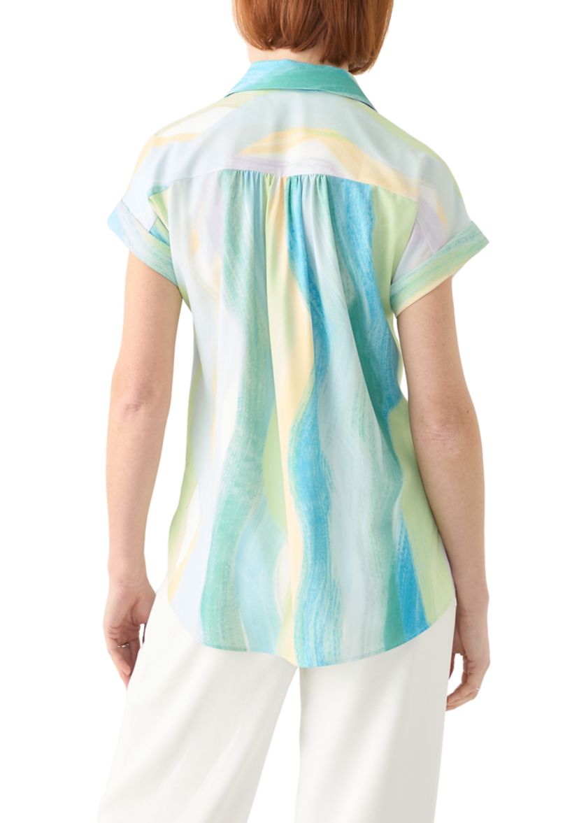 Womens Printed Short Sleeve Button Front Shirt