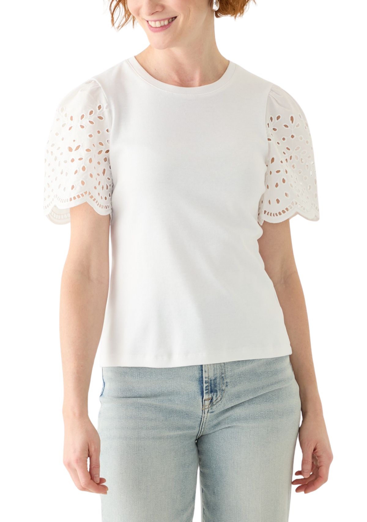 Womens Short Woven Eyelet Sleeve Knit Top