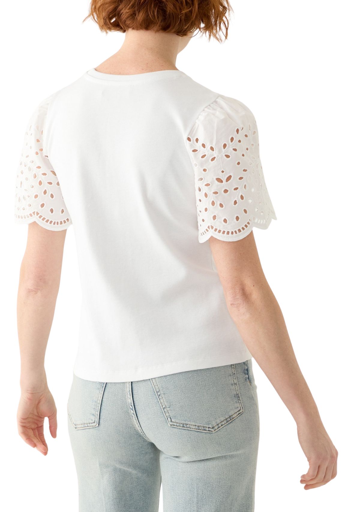 Womens Short Woven Eyelet Sleeve Knit Top