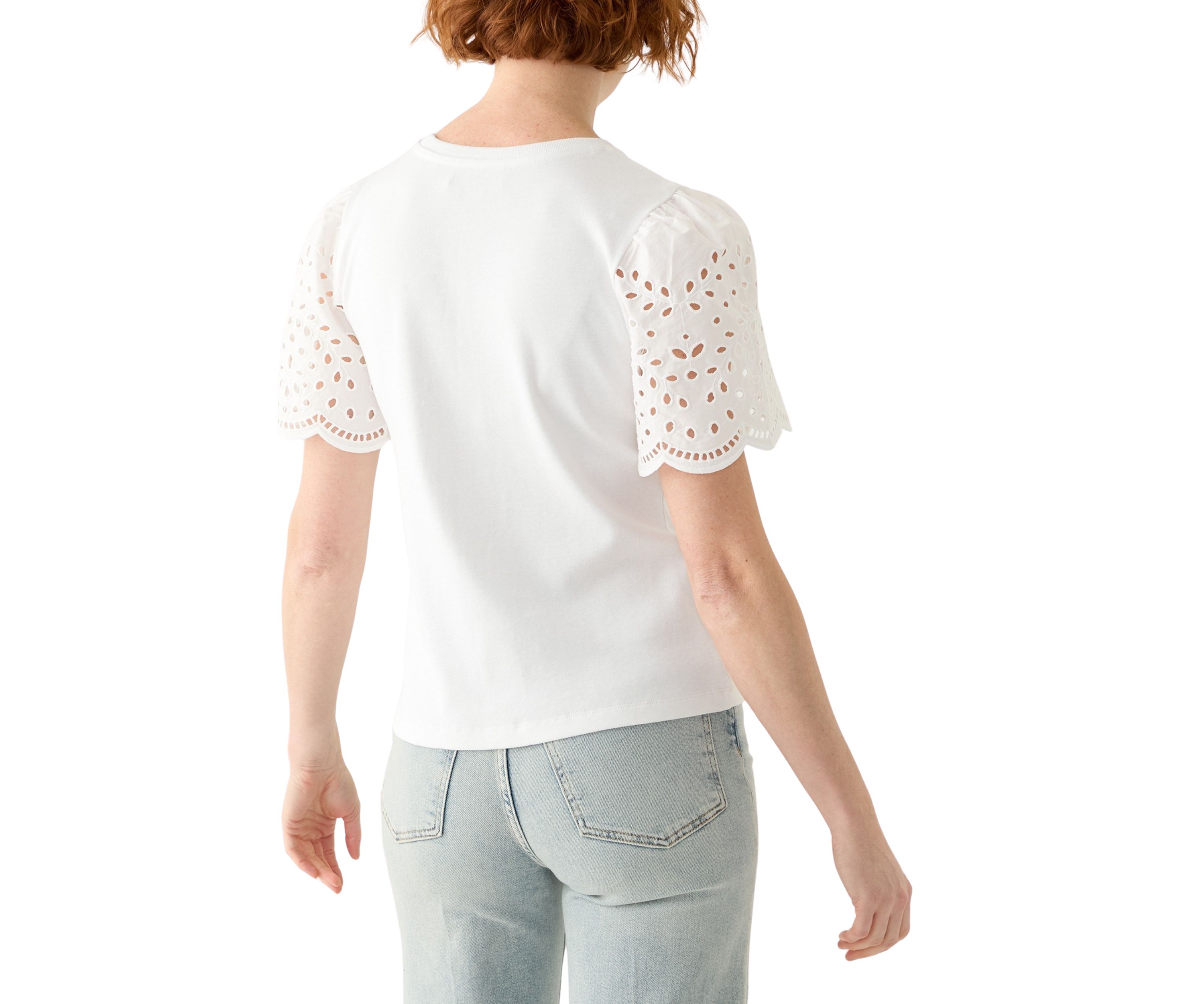Womens Short Woven Eyelet Sleeve Knit Top
