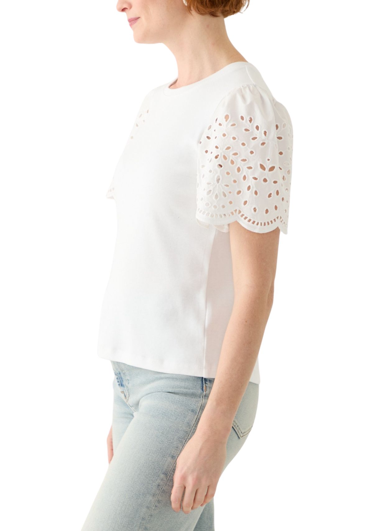 Womens Short Woven Eyelet Sleeve Knit Top