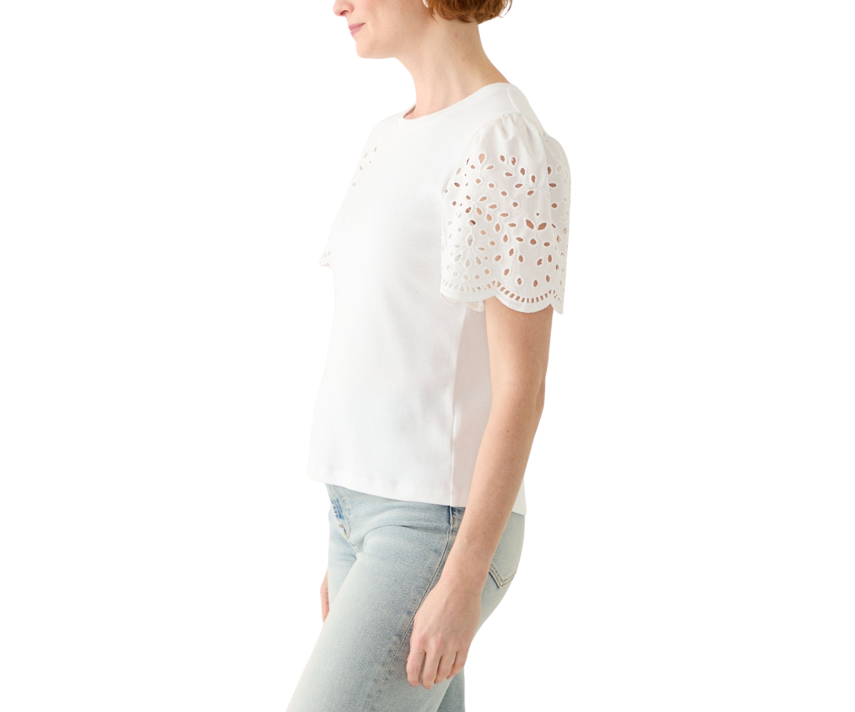 Womens Short Woven Eyelet Sleeve Knit Top