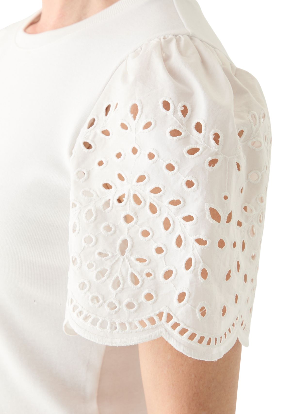 Womens Short Woven Eyelet Sleeve Knit Top