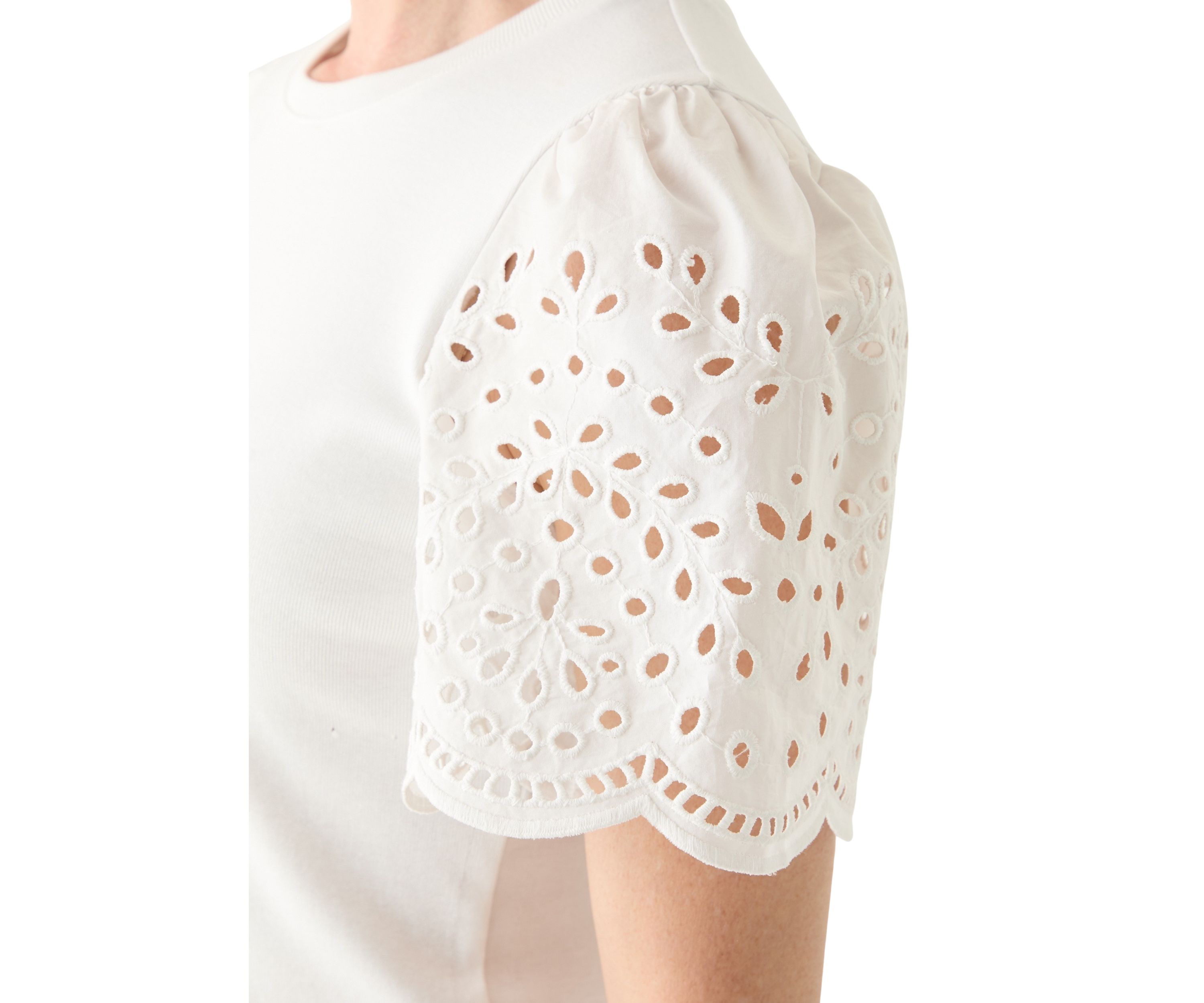 Womens Short Woven Eyelet Sleeve Knit Top