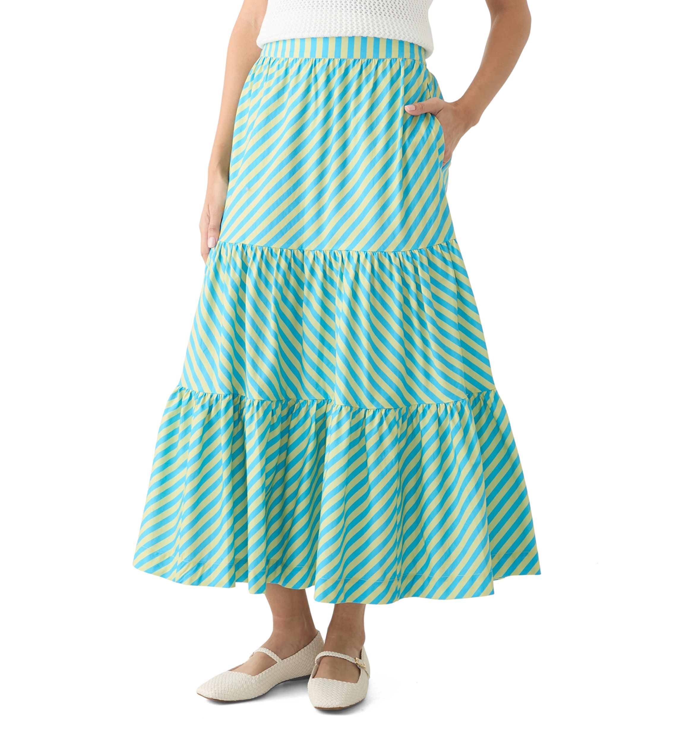 Womens Pull On Striped Tiered Maxi Skirt