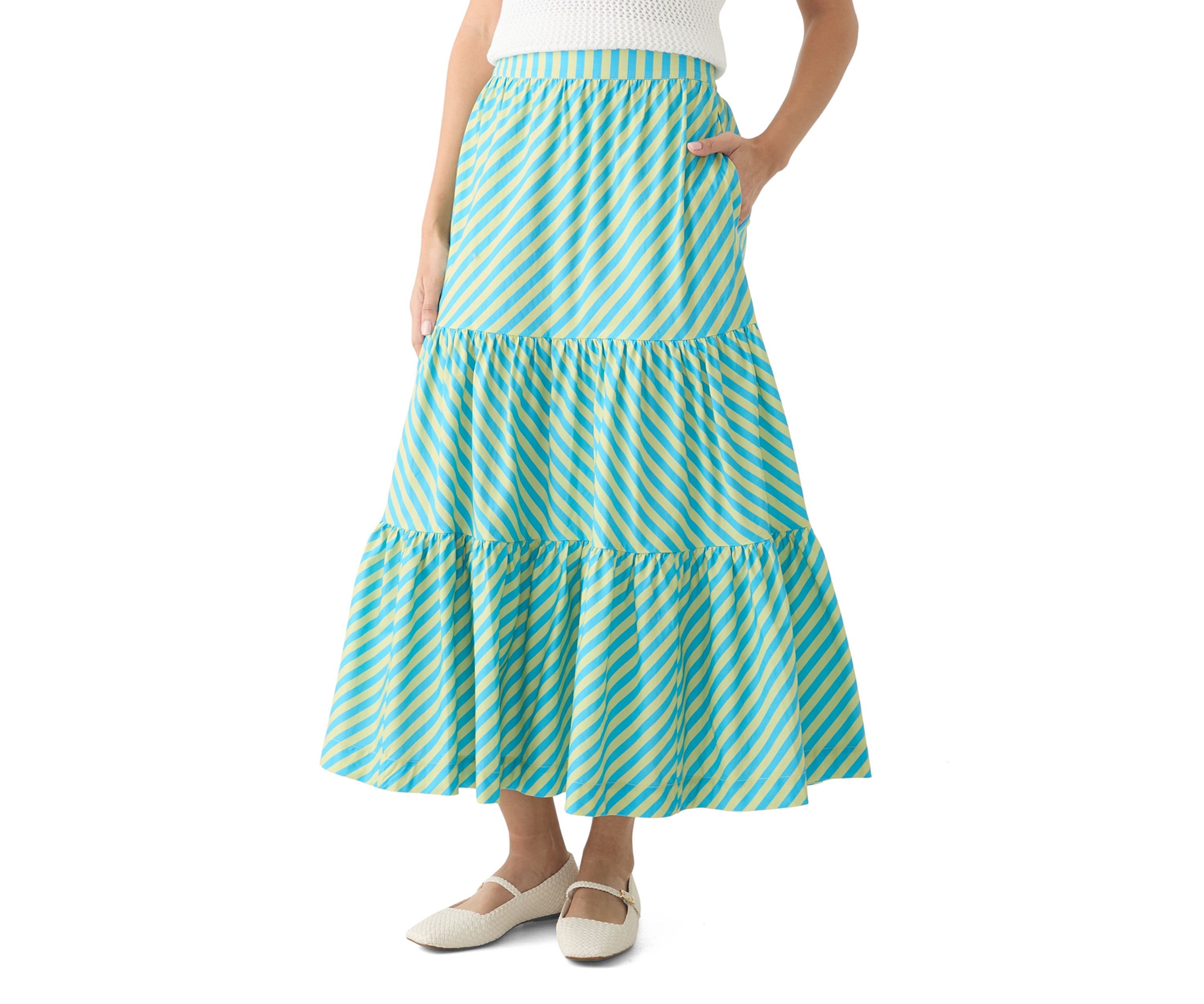 Womens Pull On Striped Tiered Maxi Skirt