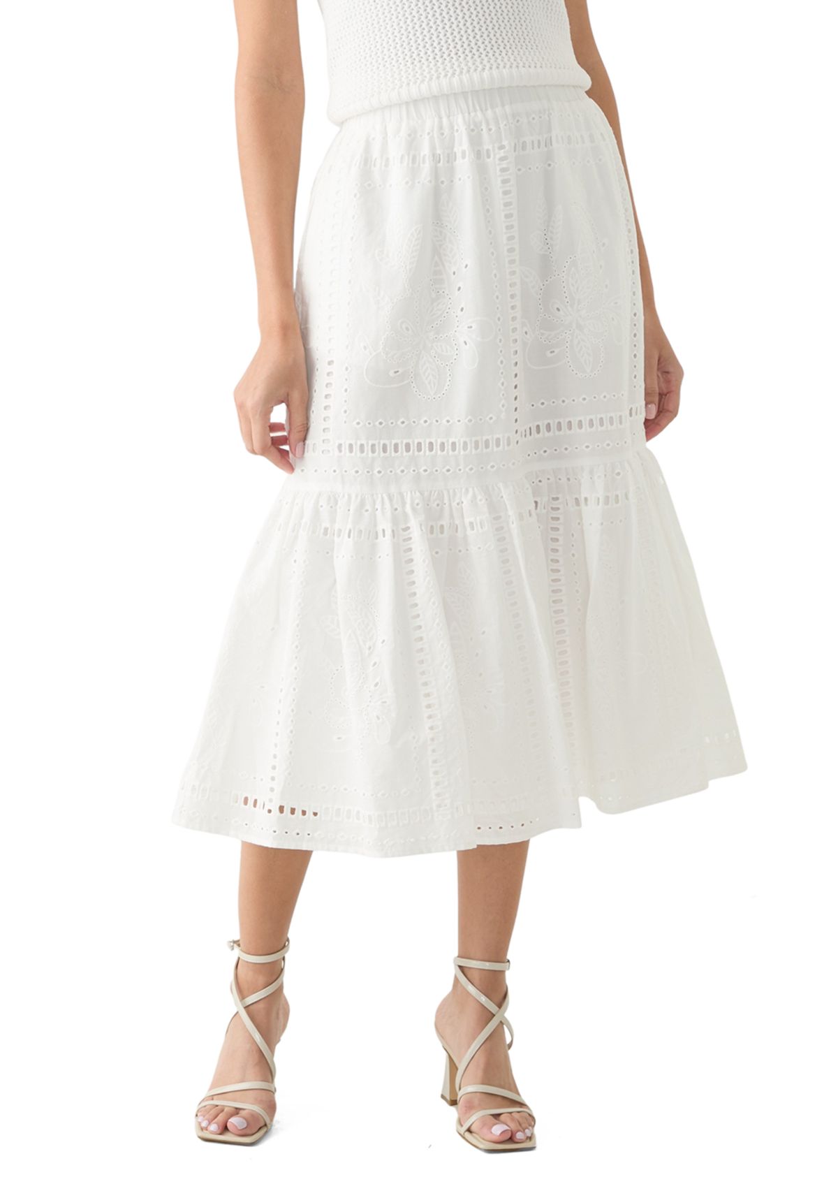 Womens Cotton Pull On Tiered Eyelet Skirt