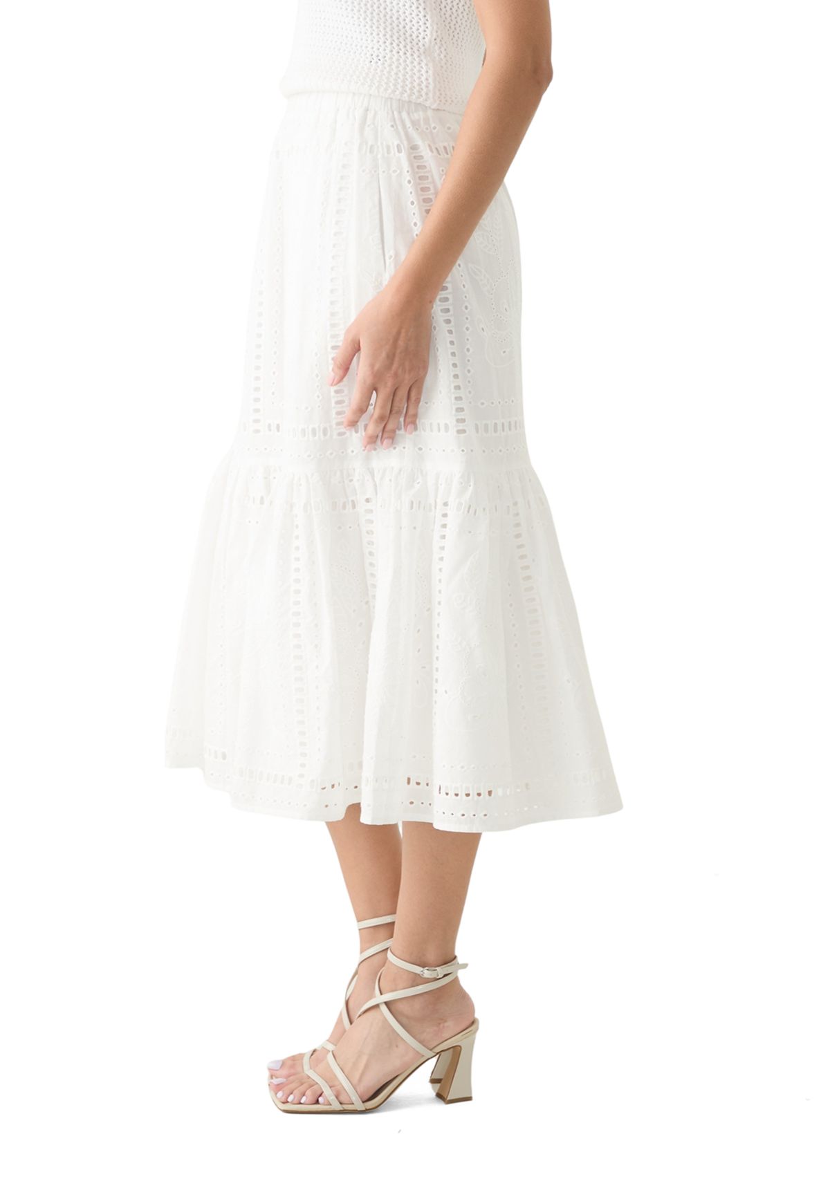 Womens Cotton Pull On Tiered Eyelet Skirt