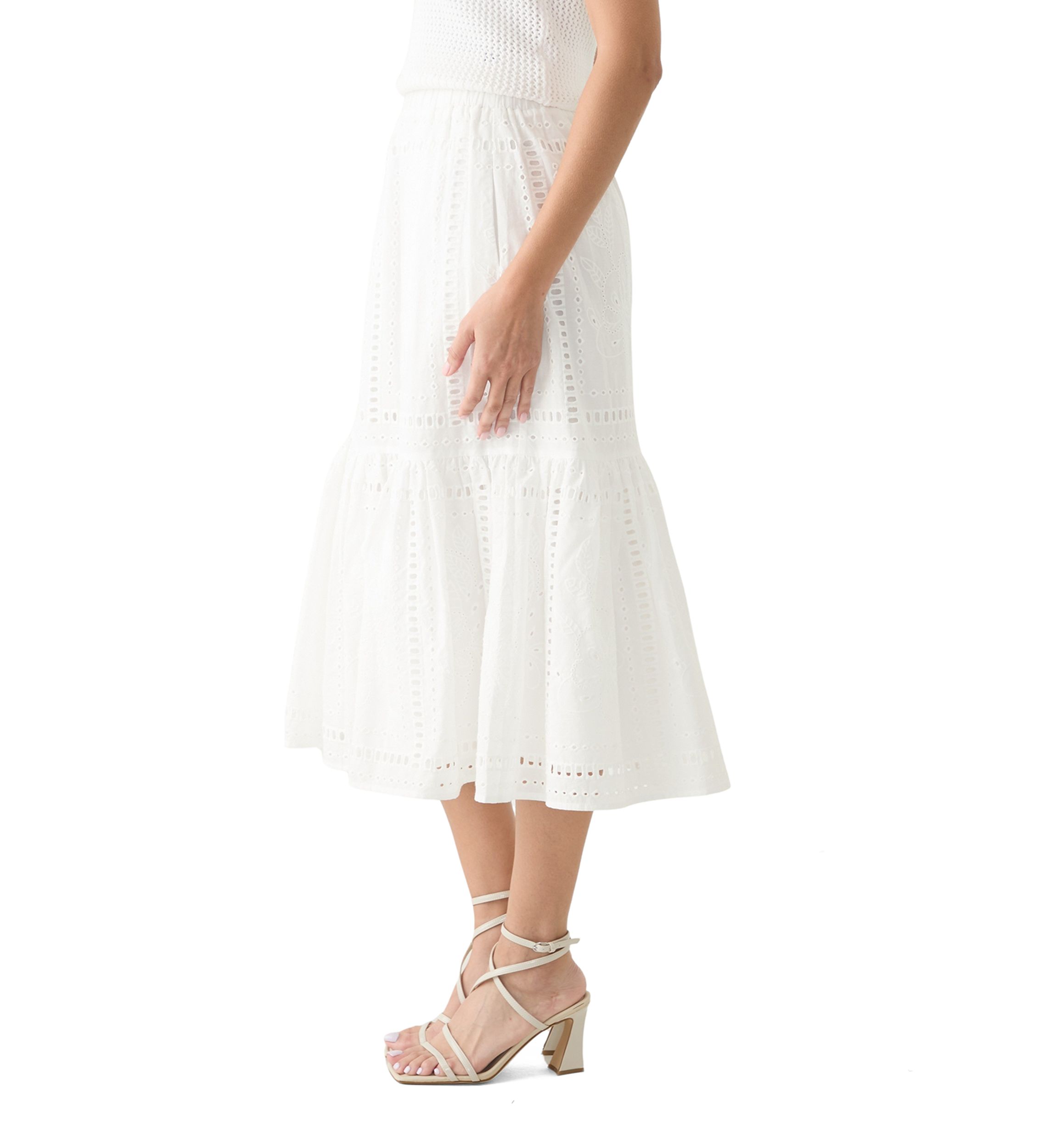 Womens Cotton Pull On Tiered Eyelet Skirt