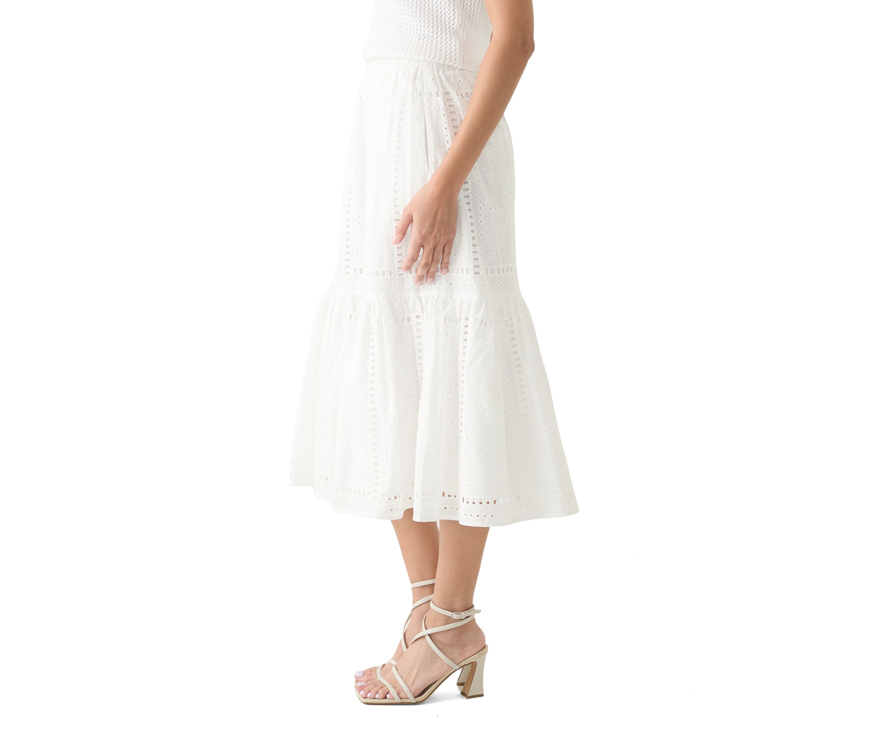 Womens Cotton Pull On Tiered Eyelet Skirt