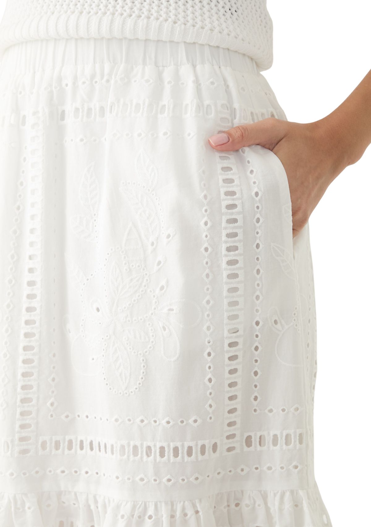 Womens Cotton Pull On Tiered Eyelet Skirt