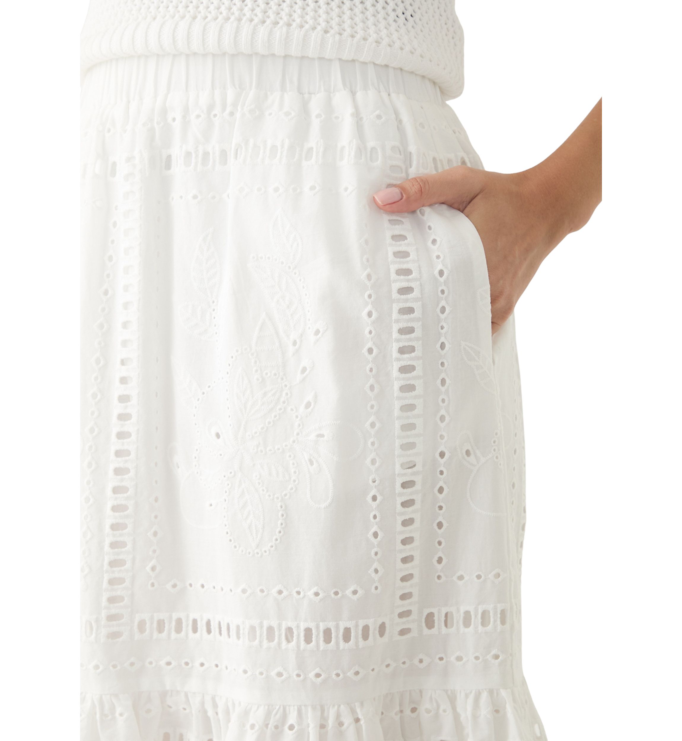 Womens Cotton Pull On Tiered Eyelet Skirt