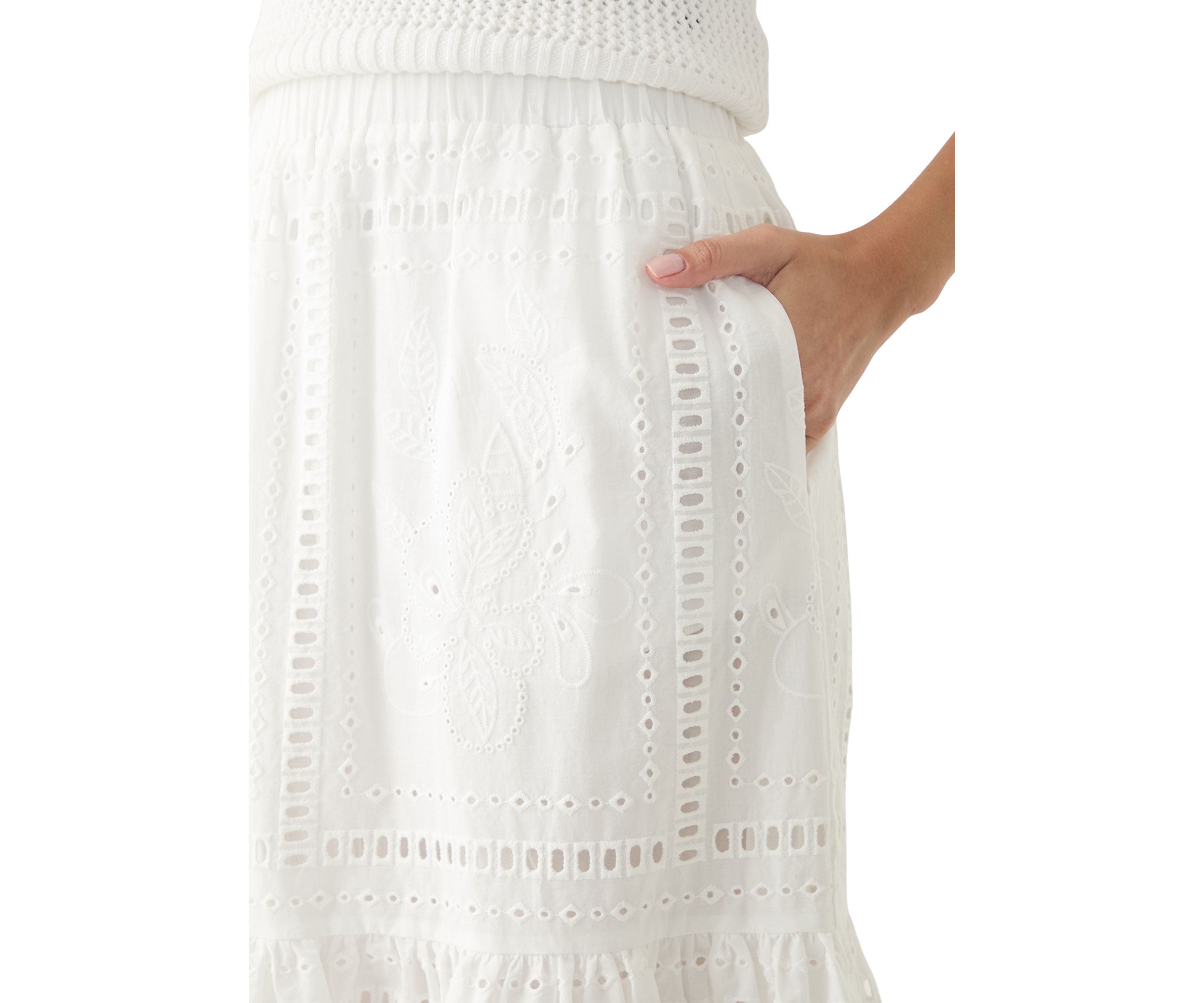Womens Cotton Pull On Tiered Eyelet Skirt