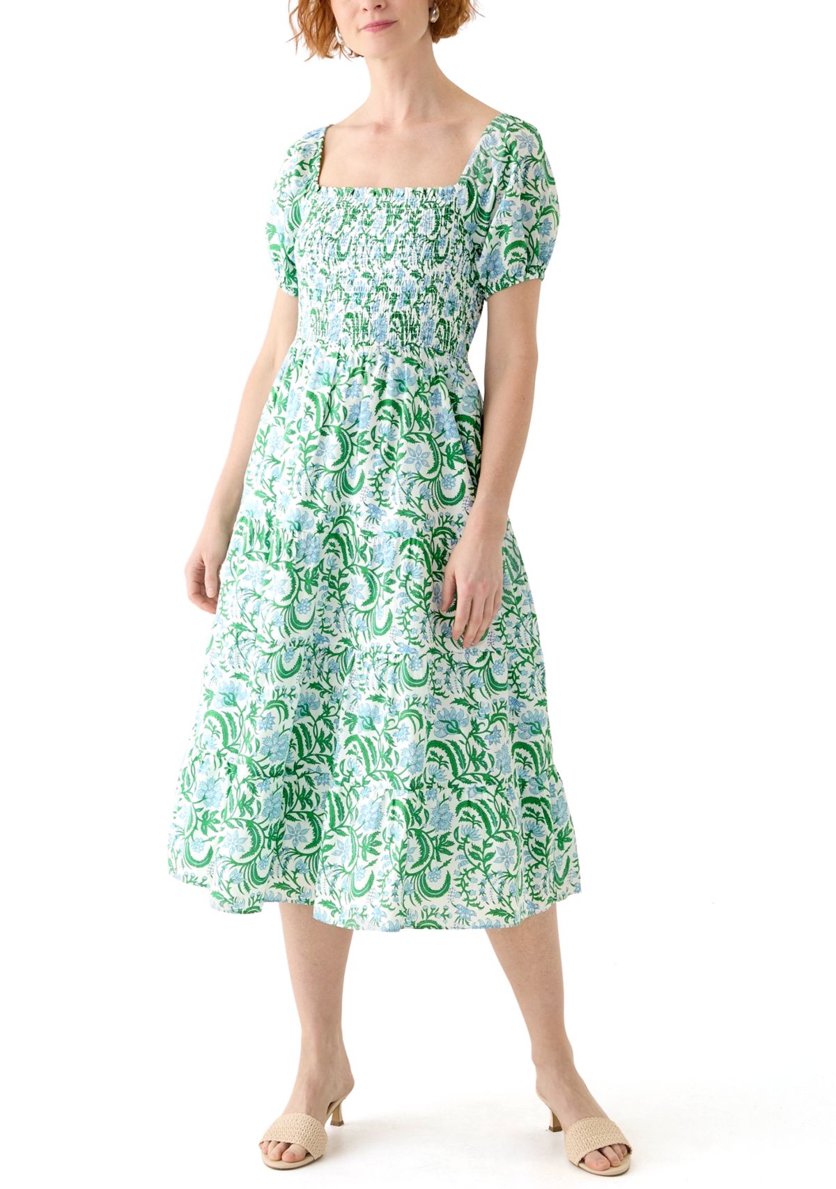 Womens Puff Sleeve Smocked Tiered Dress