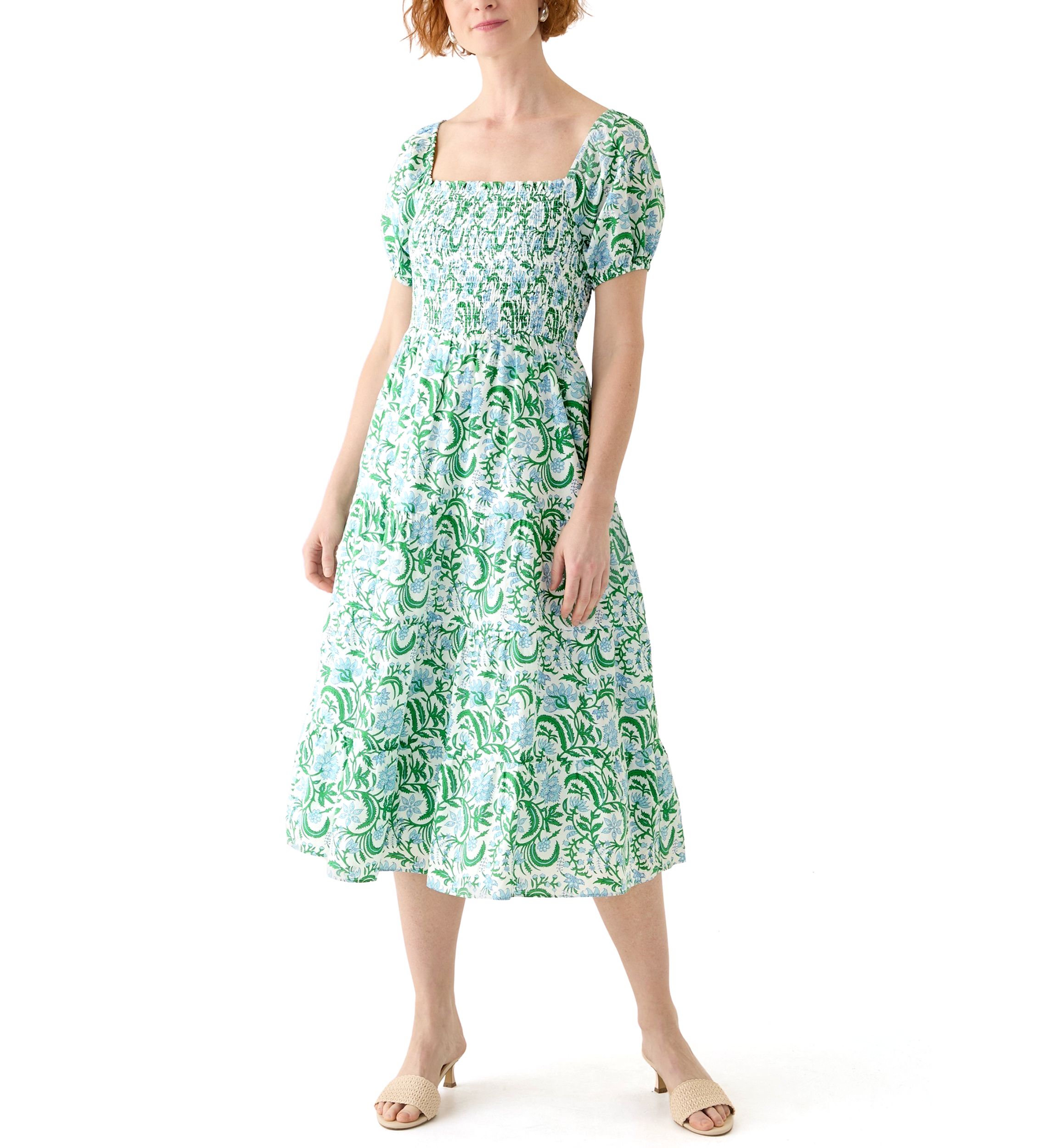 Womens Puff Sleeve Smocked Tiered Dress
