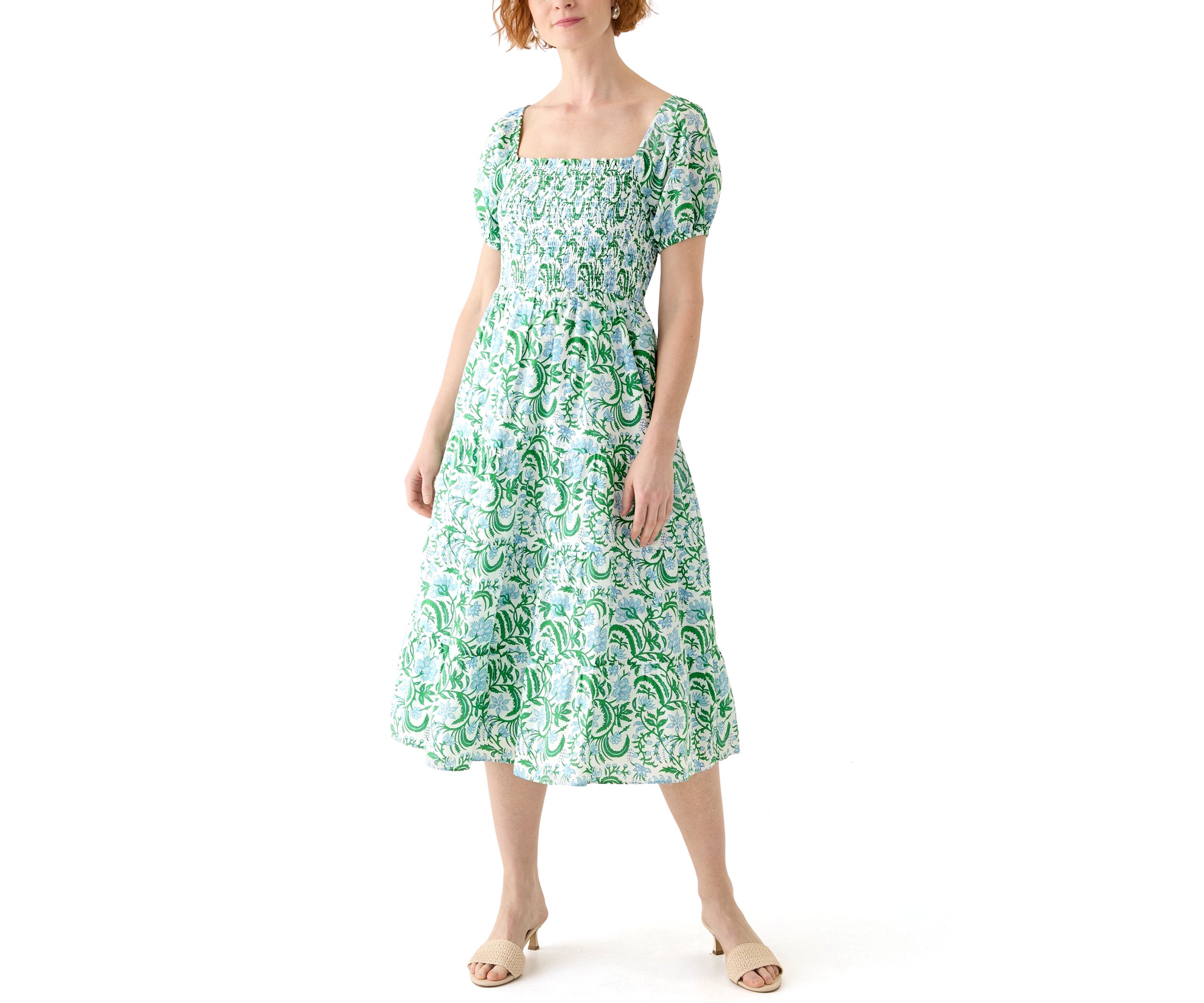 Womens Puff Sleeve Smocked Tiered Dress