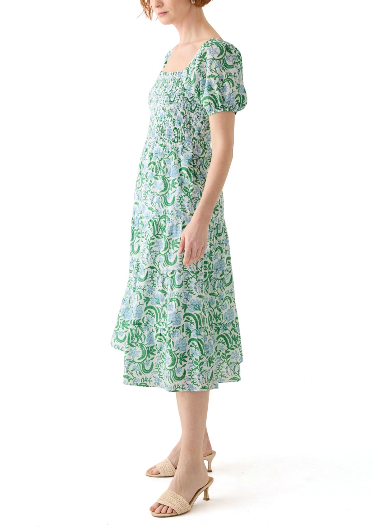 Womens Puff Sleeve Smocked Tiered Dress