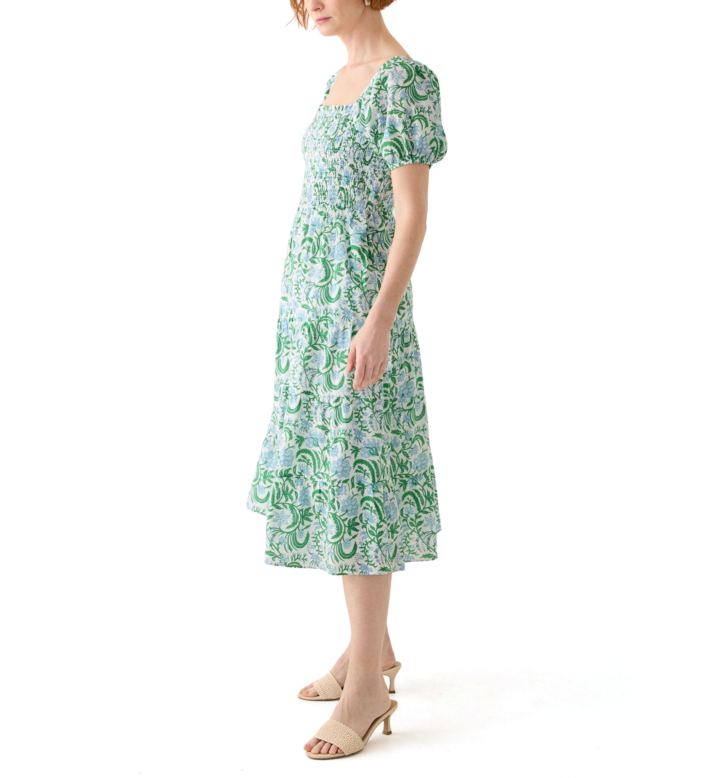 Womens Puff Sleeve Smocked Tiered Dress