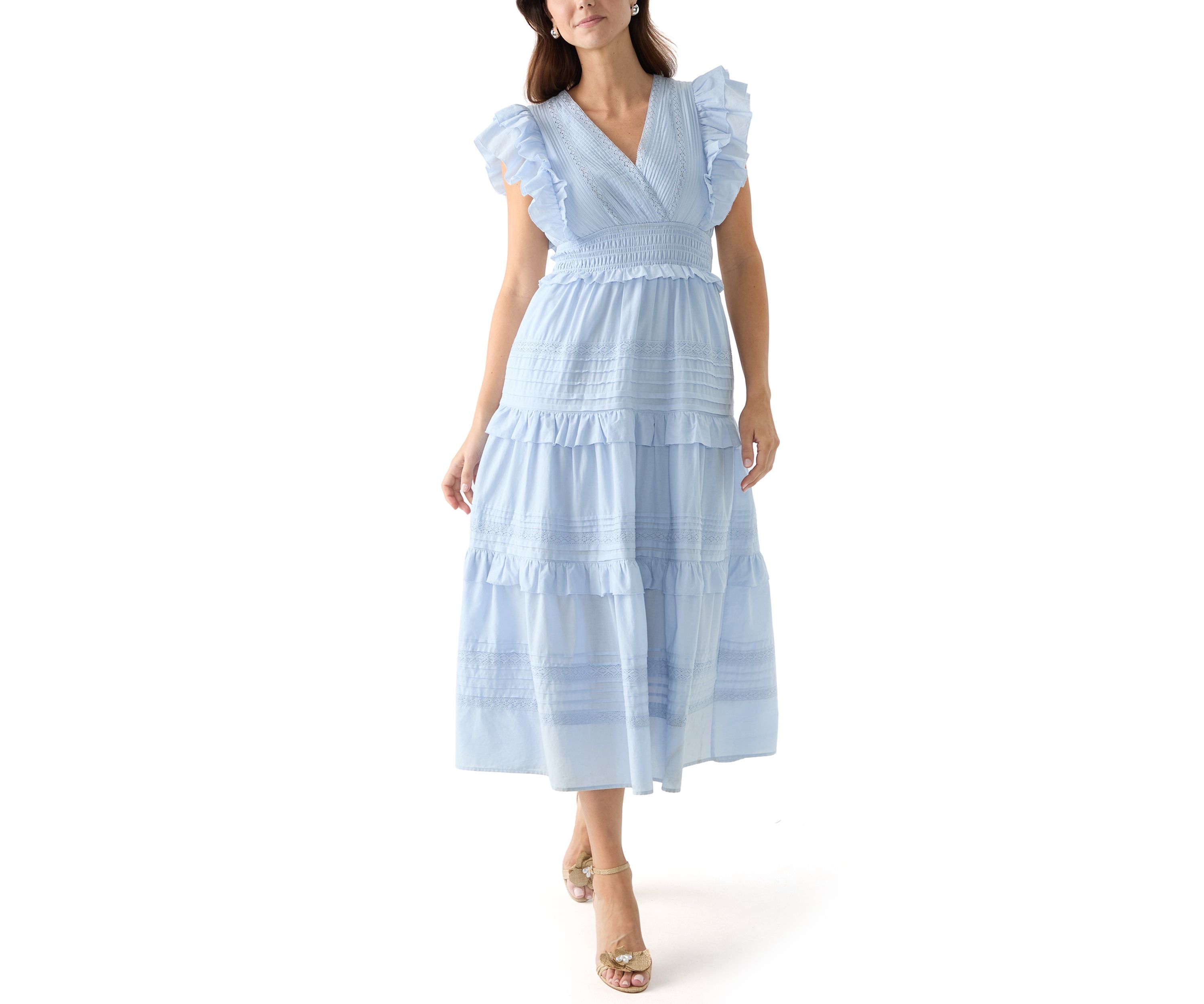 Womens Short Ruffle Sleeve V-Neck Tiered Dress