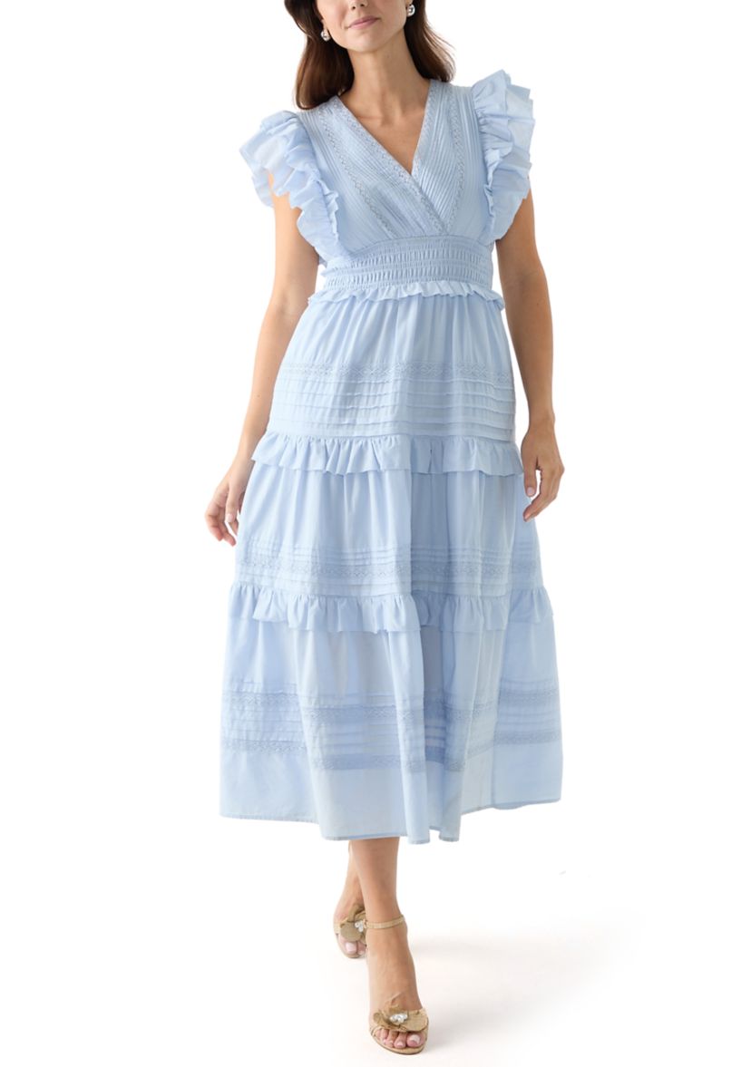 Womens Short Ruffle Sleeve V-Neck Tiered Dress