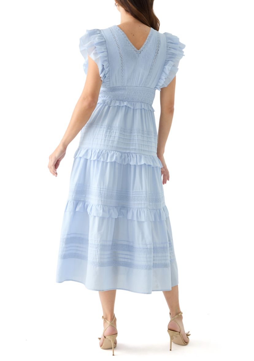 Womens Short Ruffle Sleeve V-Neck Tiered Dress