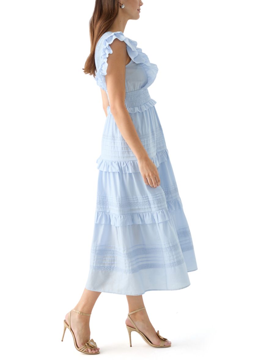 Womens Short Ruffle Sleeve V-Neck Tiered Dress