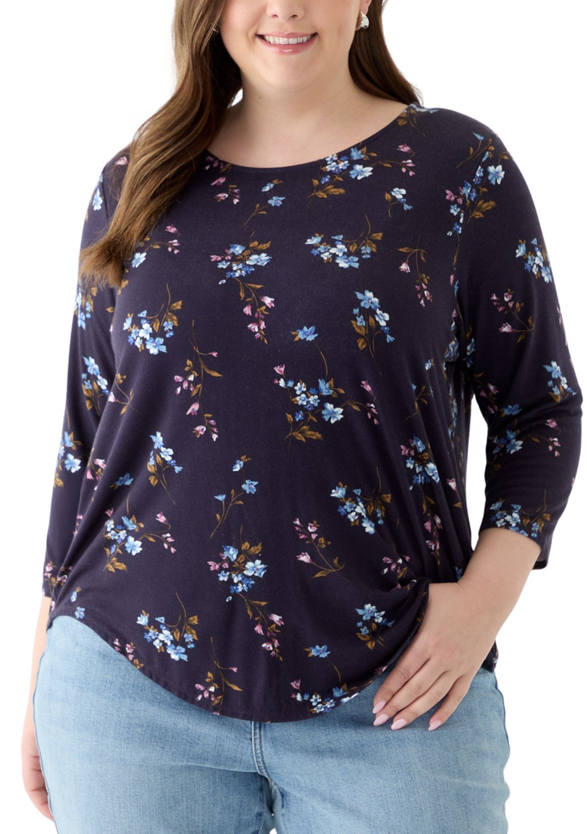 Plus Size 3/4 Sleeve Pleat Back Knit Top