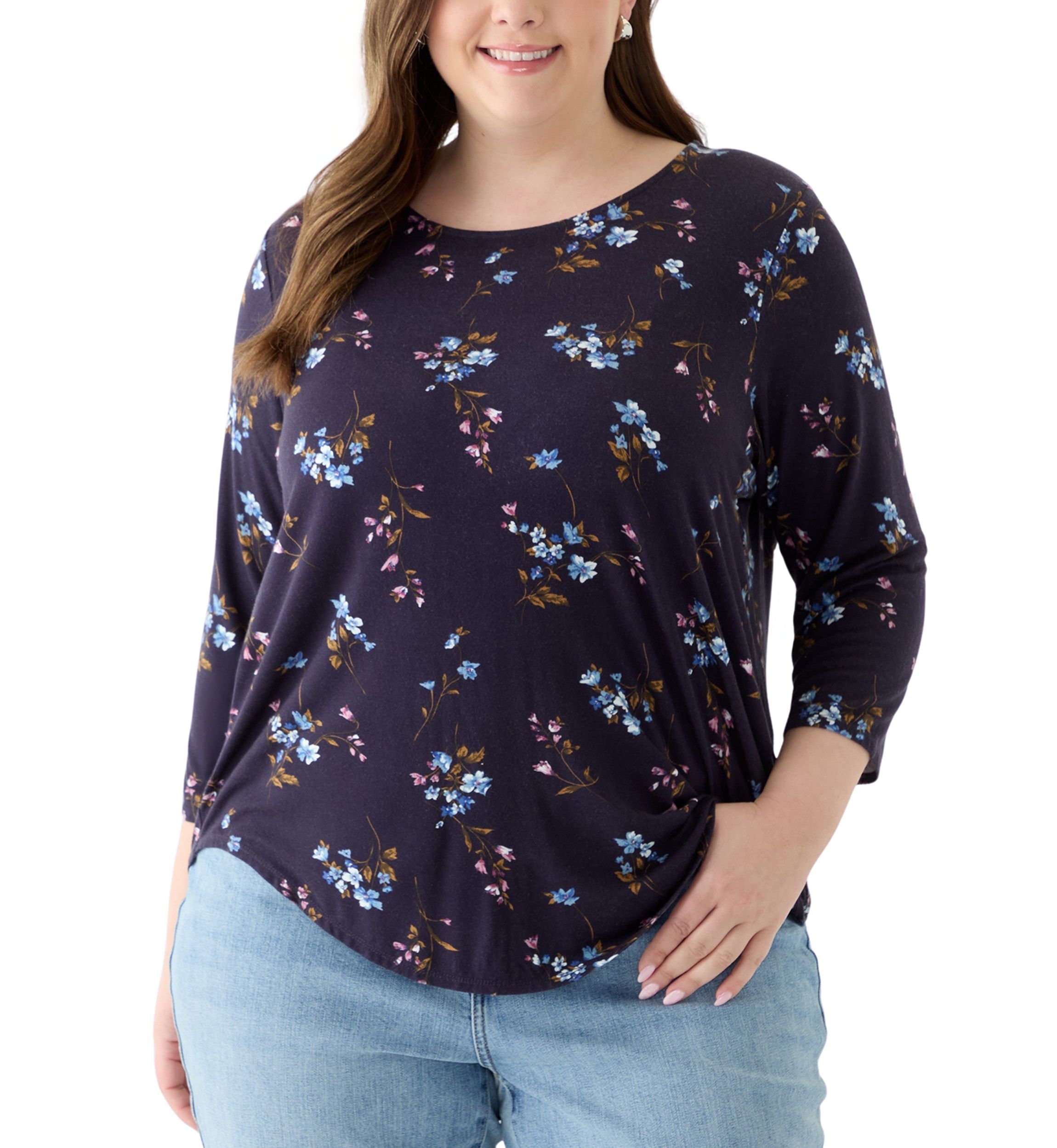 Plus Size 3/4 Sleeve Pleat Back Knit Top