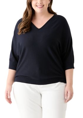 PHILOSOPHY BY REPUBLIC Women's Plus Size 3/4 Sleeve V-Neck Knit Sweater, Navy Blue, 3X