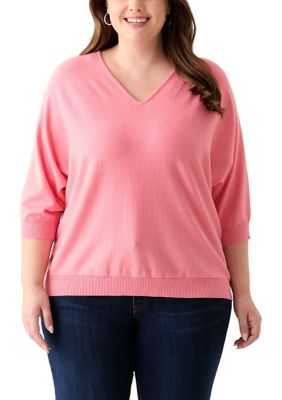 PHILOSOPHY BY REPUBLIC Women's Plus Size 3/4 Sleeve V-Neck Knit Sweater, Coral, 3X