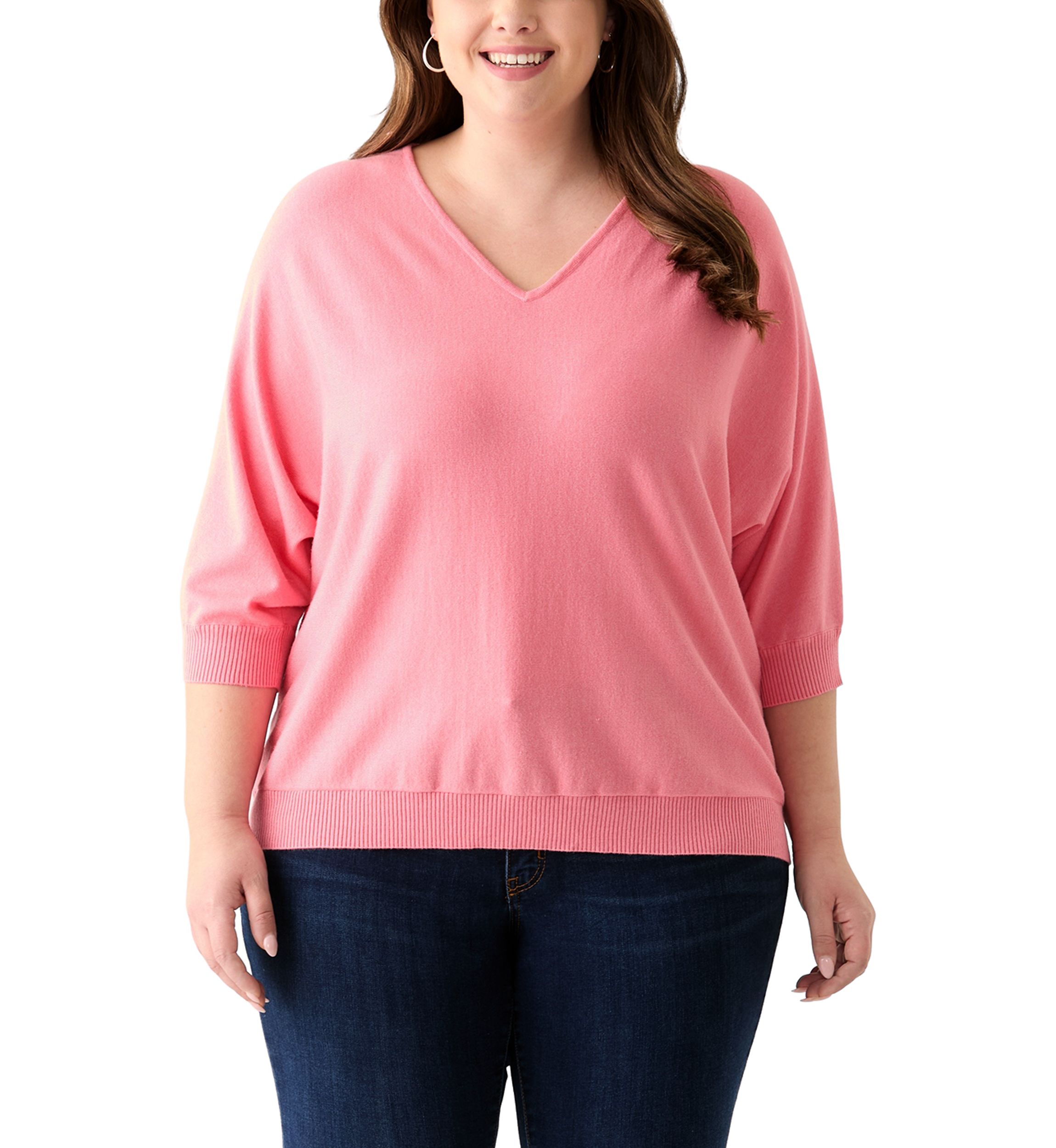 Plus Size 3/4 Sleeve V-Neck Knit Sweater