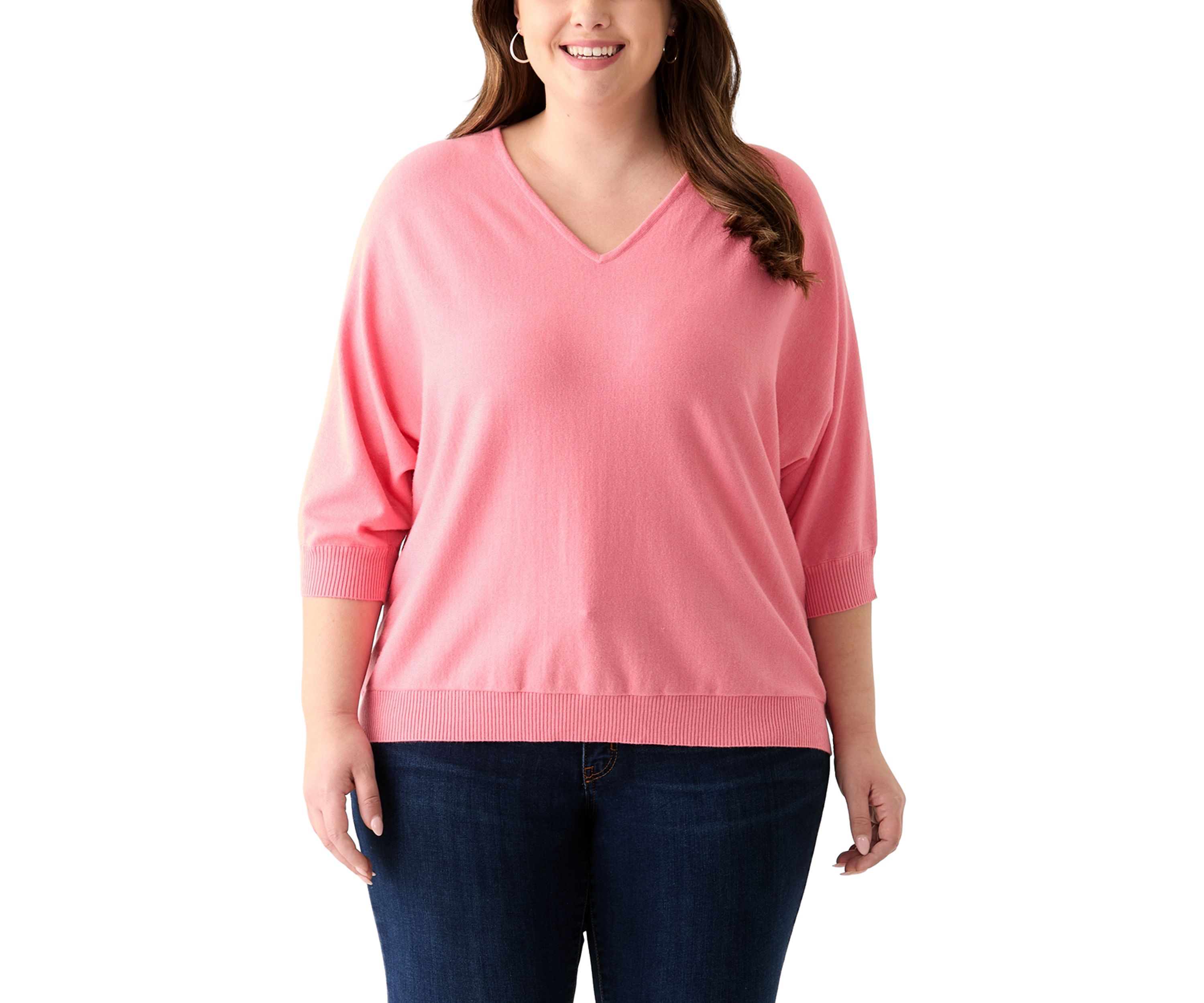 Plus Size 3/4 Sleeve V-Neck Knit Sweater