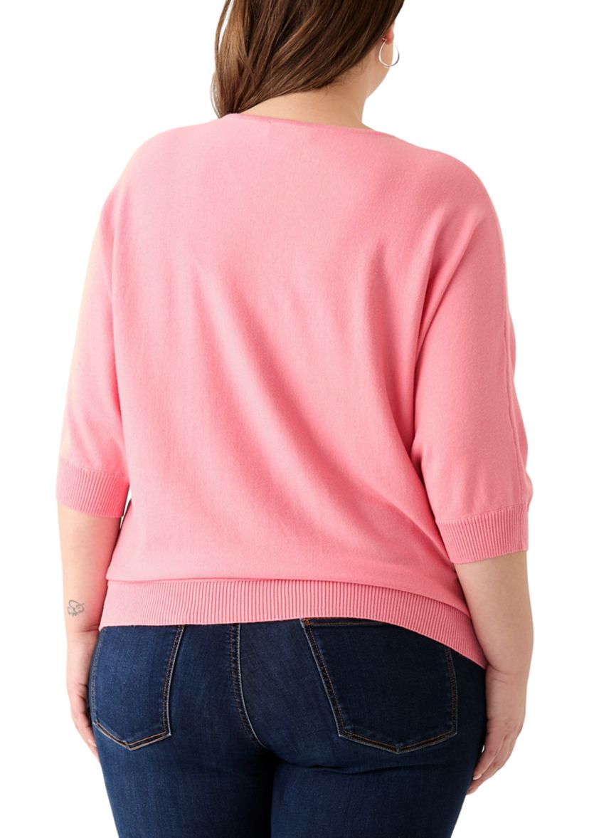 Plus Size 3/4 Sleeve V-Neck Knit Sweater