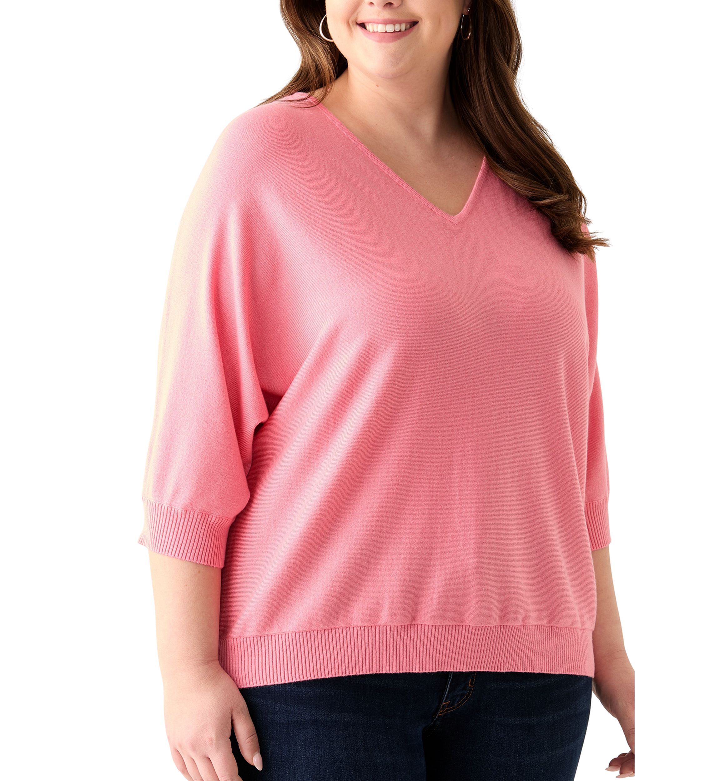 Plus Size 3/4 Sleeve V-Neck Knit Sweater
