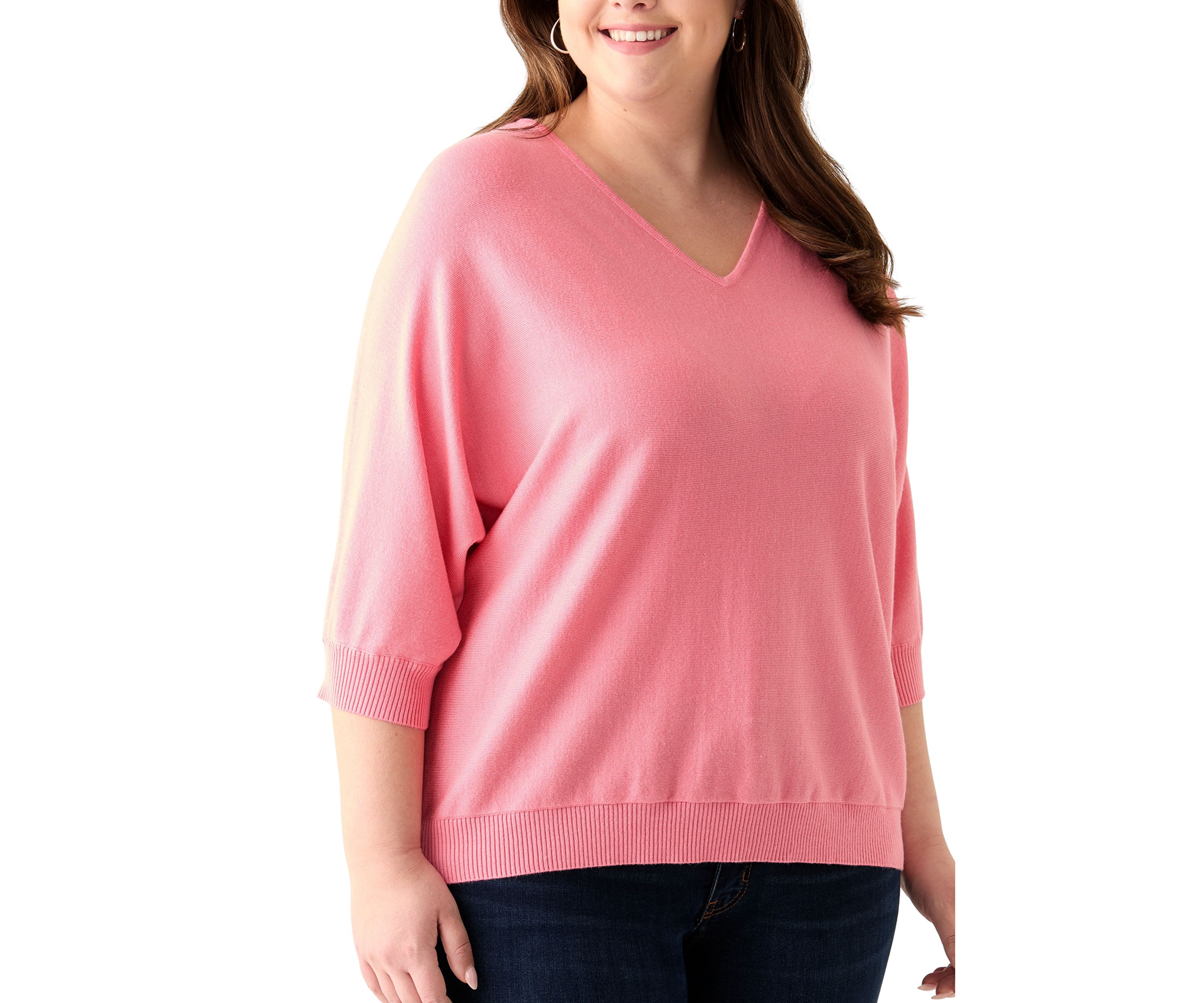 Plus Size 3/4 Sleeve V-Neck Knit Sweater