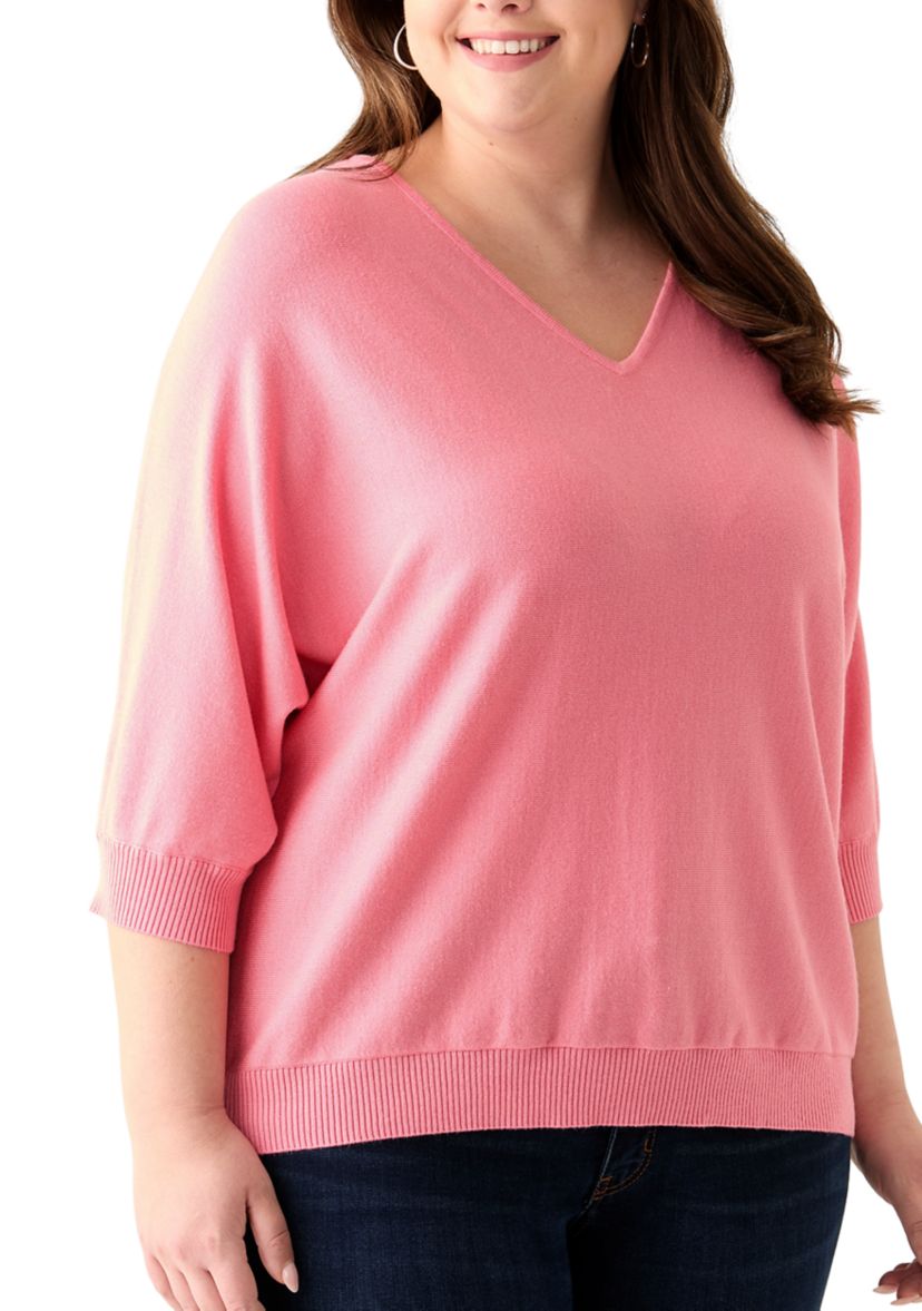 Plus Size 3/4 Sleeve V-Neck Knit Sweater