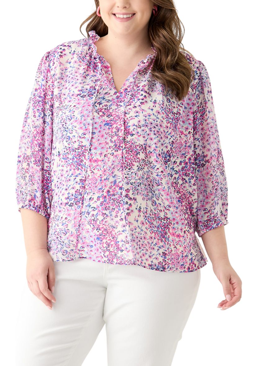 Plus Size 3/4 Chiffon Sleeve Woven Blouse 