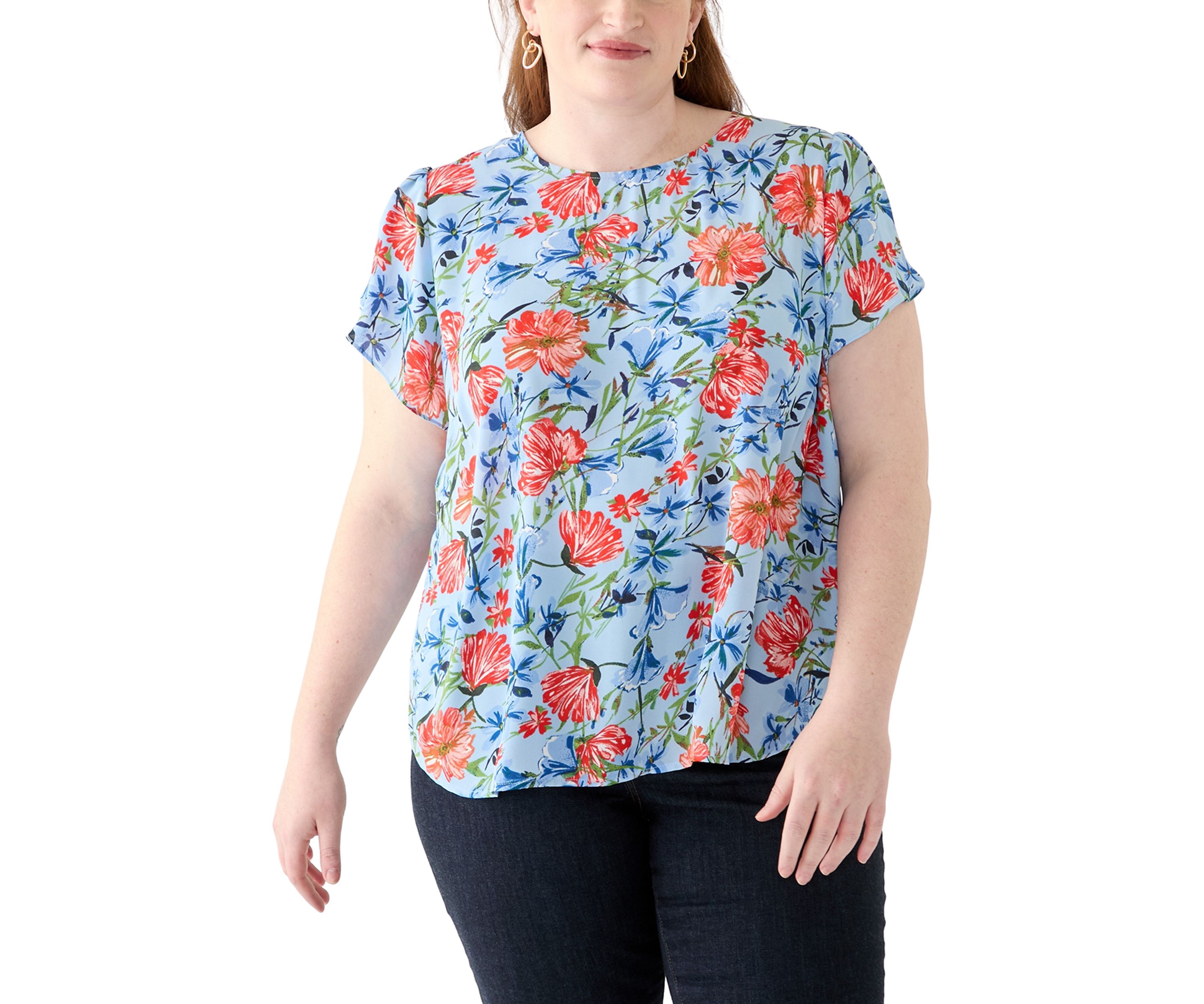 Plus Size Short Sleeve Button Back Woven Blouse