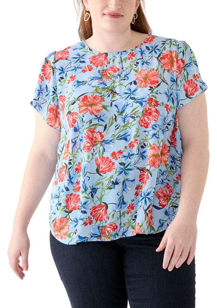 Plus Size Short Sleeve Button Back Woven Blouse
