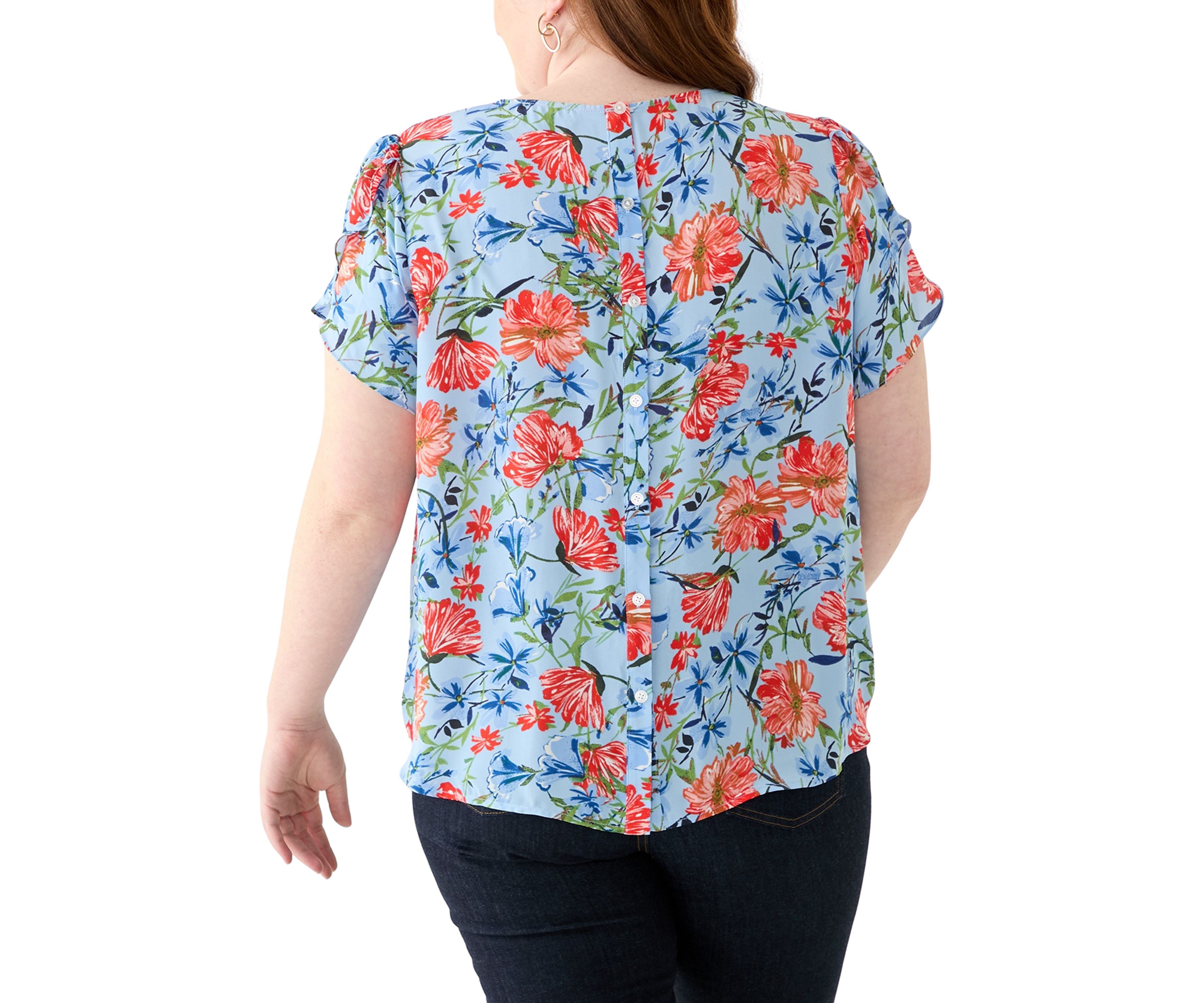 Plus Size Short Sleeve Button Back Woven Blouse