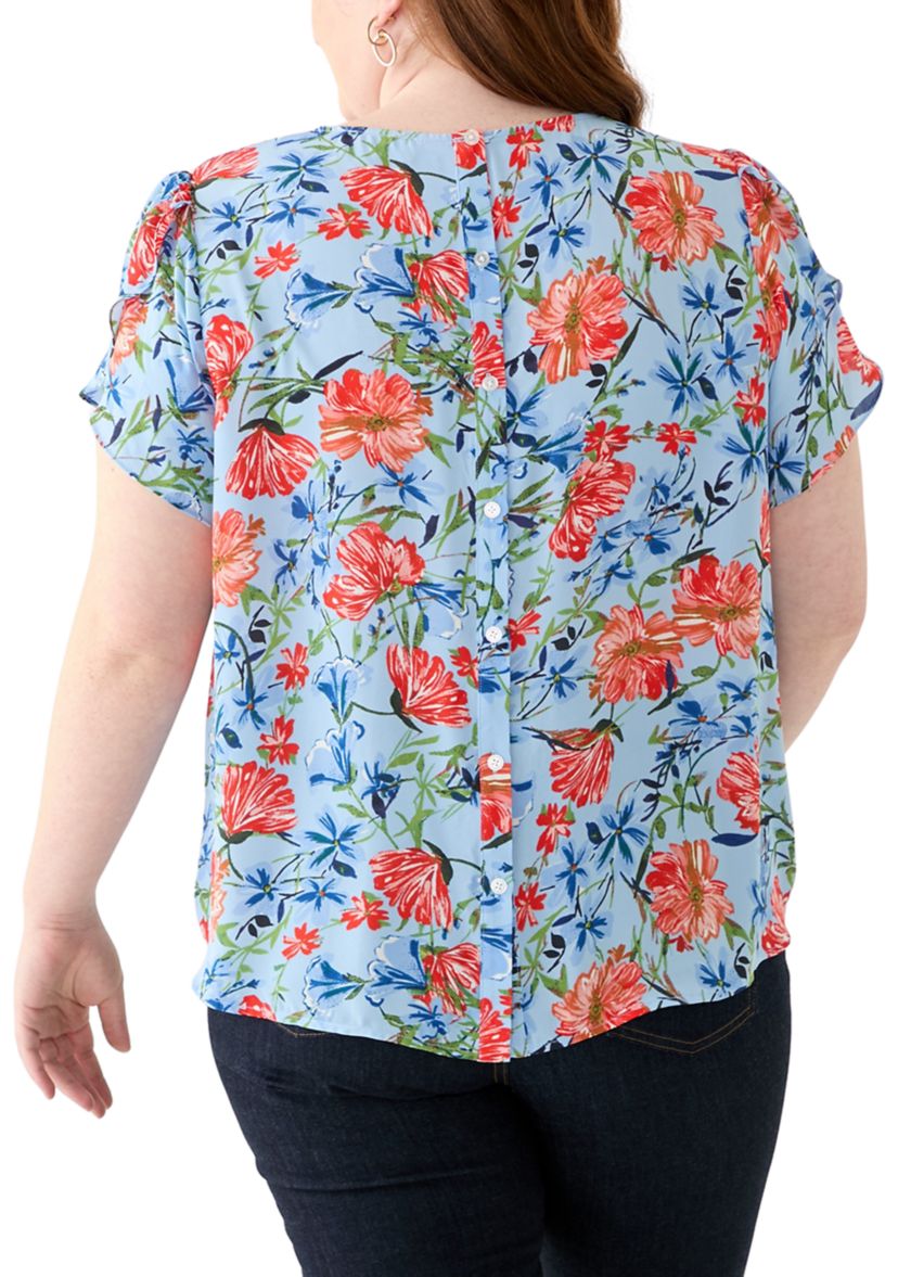 Plus Size Short Sleeve Button Back Woven Blouse