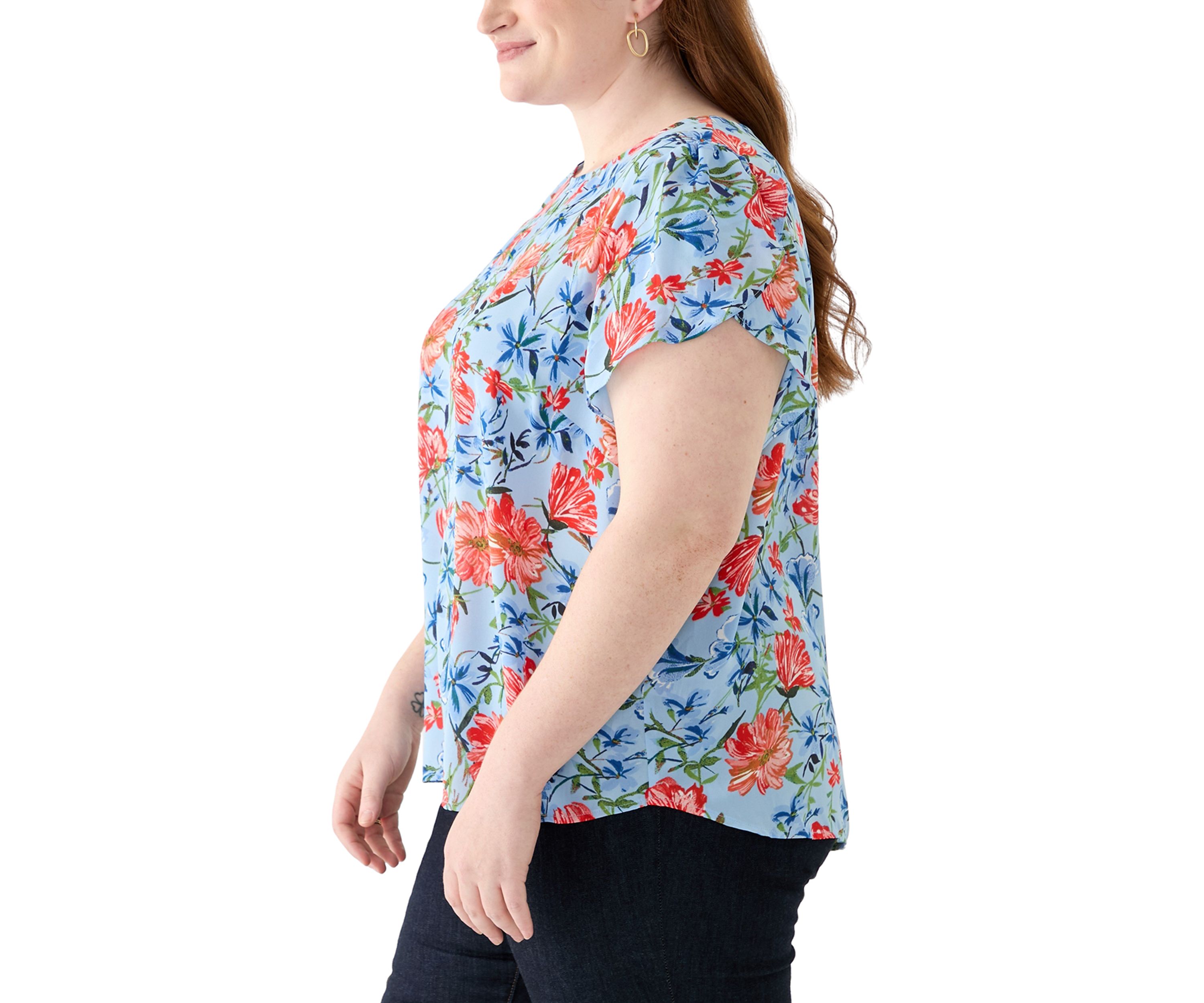 Plus Size Short Sleeve Button Back Woven Blouse