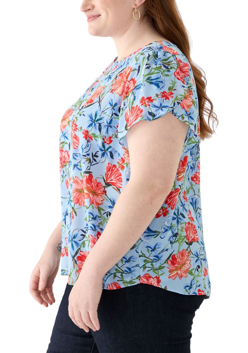 Plus Size Short Sleeve Button Back Woven Blouse