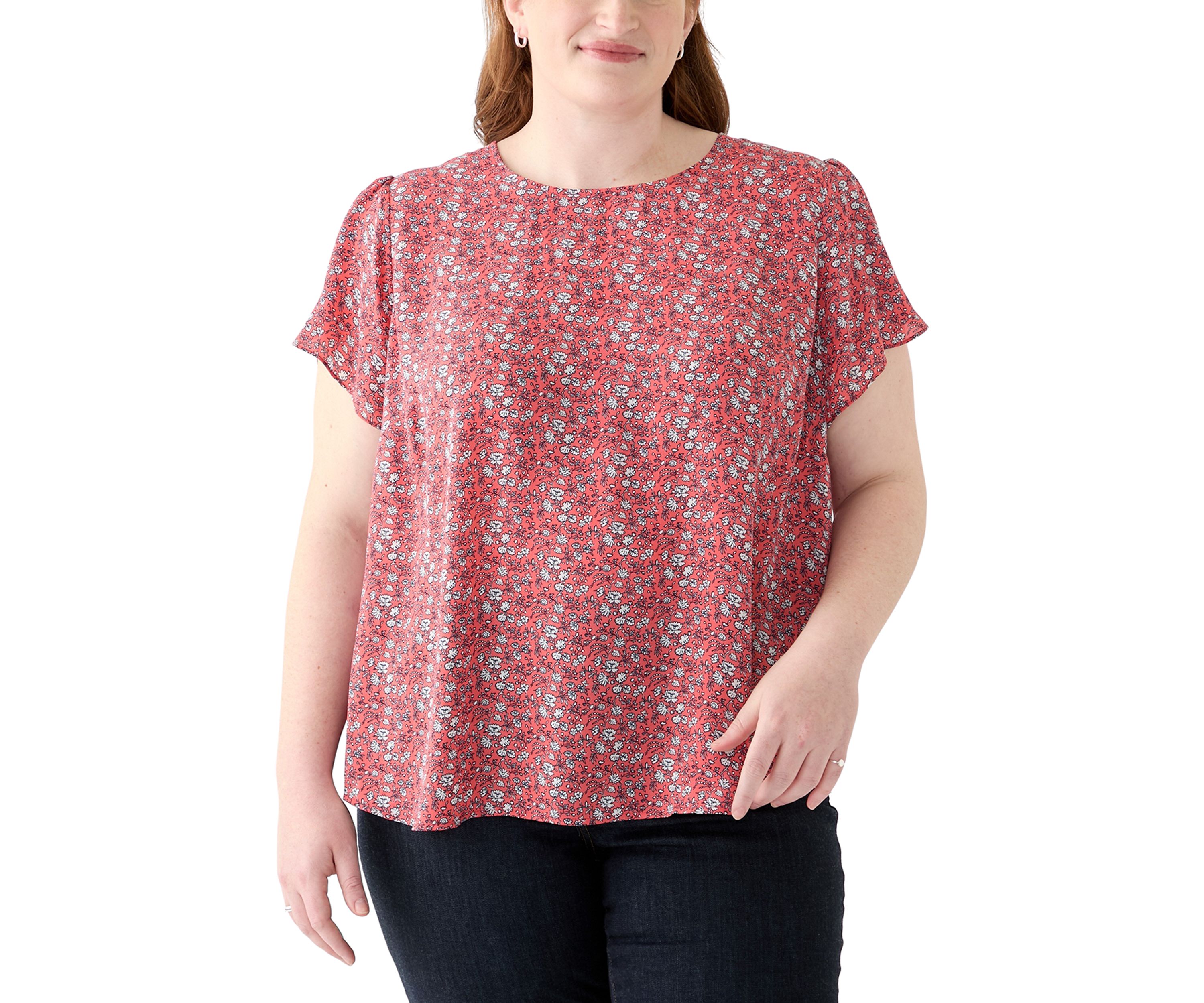 Plus Size Short Sleeve Button Back Woven Blouse
