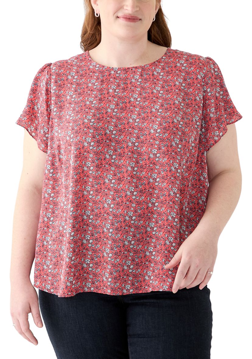 Plus Size Short Sleeve Button Back Woven Blouse
