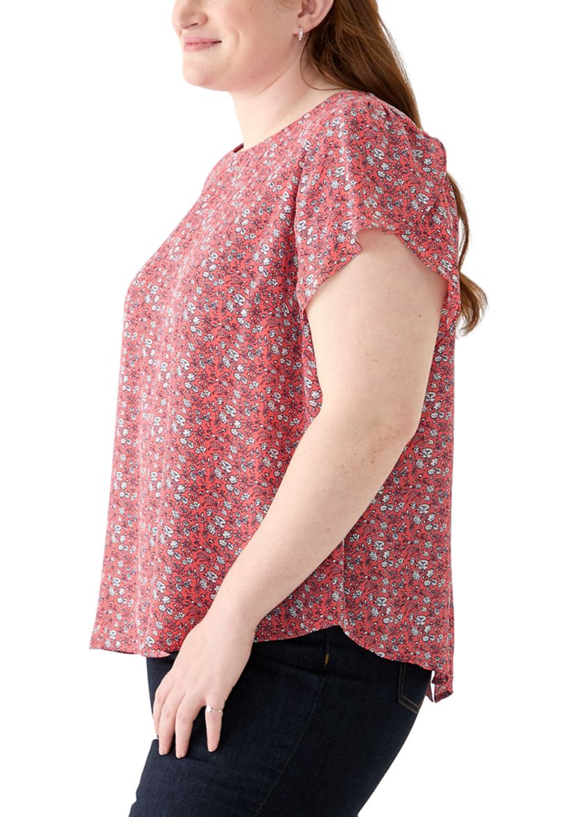 Plus Size Short Sleeve Button Back Woven Blouse