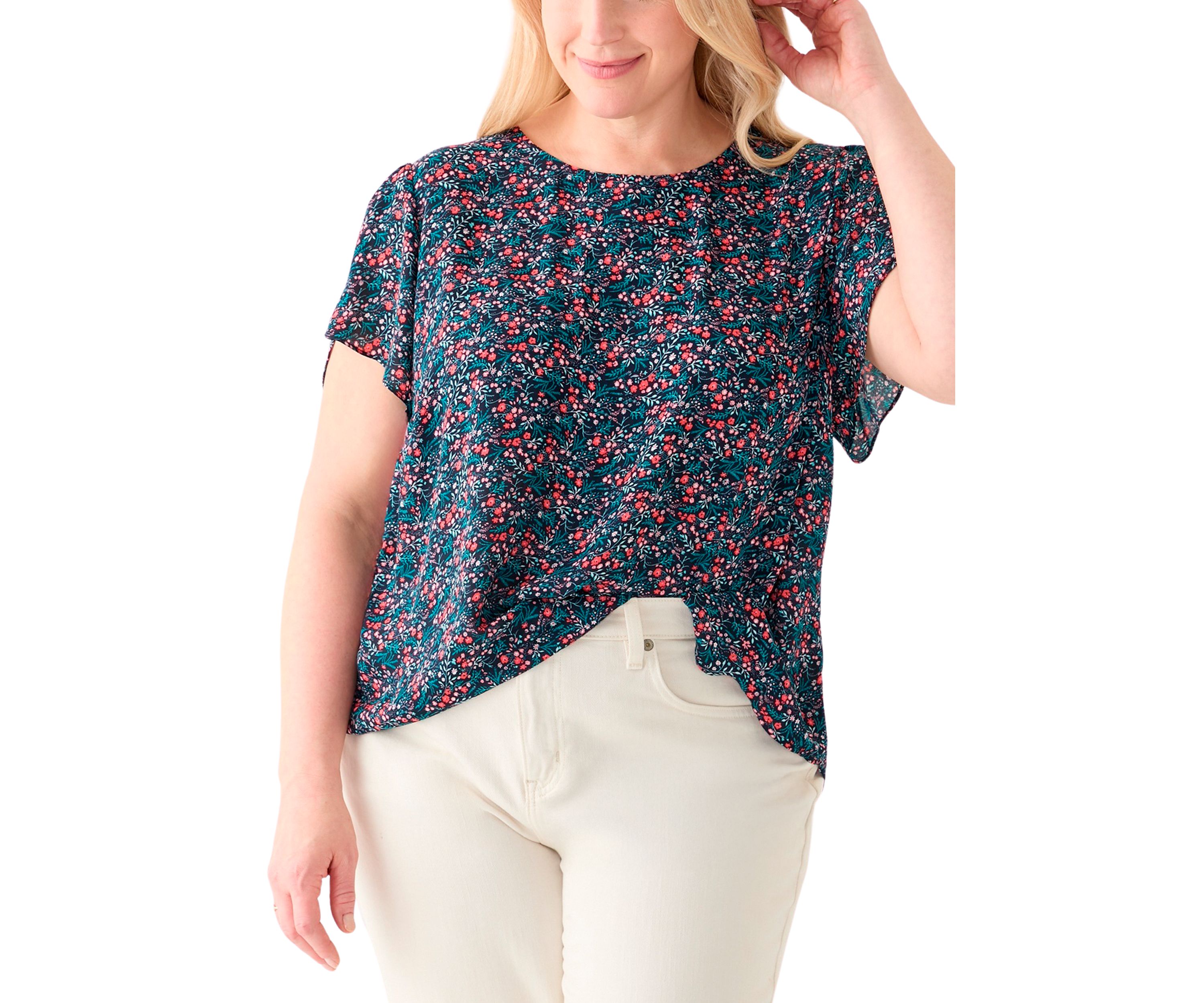 Plus Size Short Sleeve Button Back Woven Blouse 