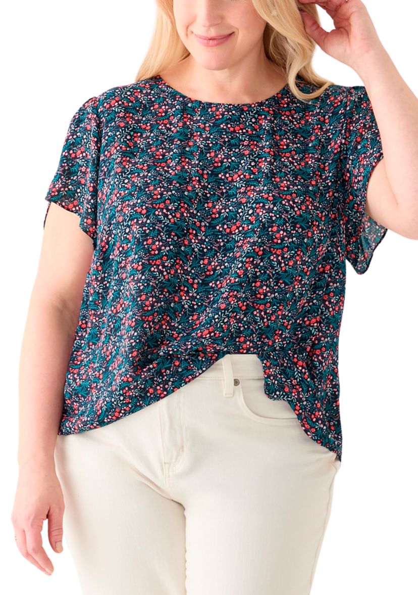 Plus Size Short Sleeve Button Back Woven Blouse 