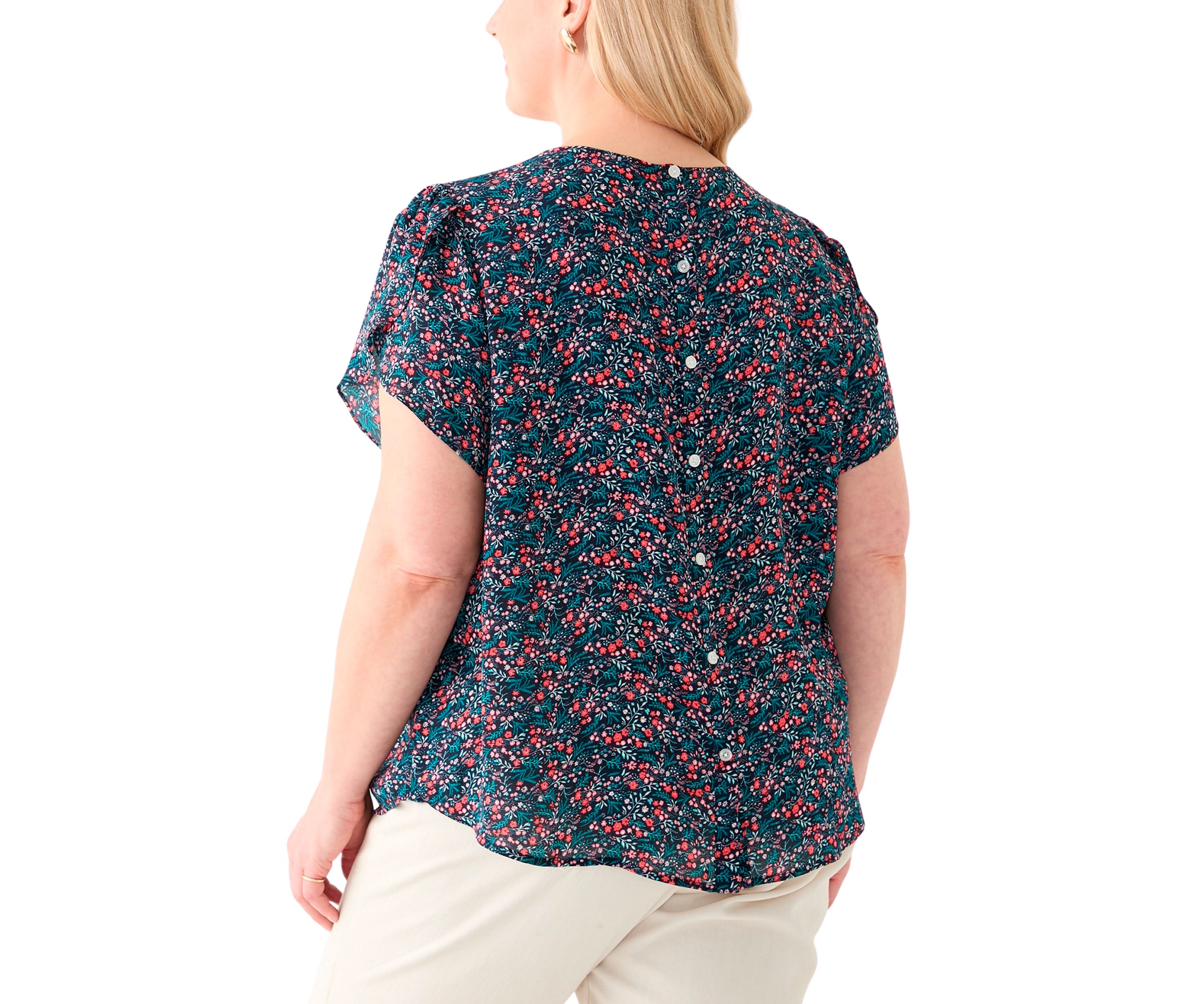 Plus Size Short Sleeve Button Back Woven Blouse 