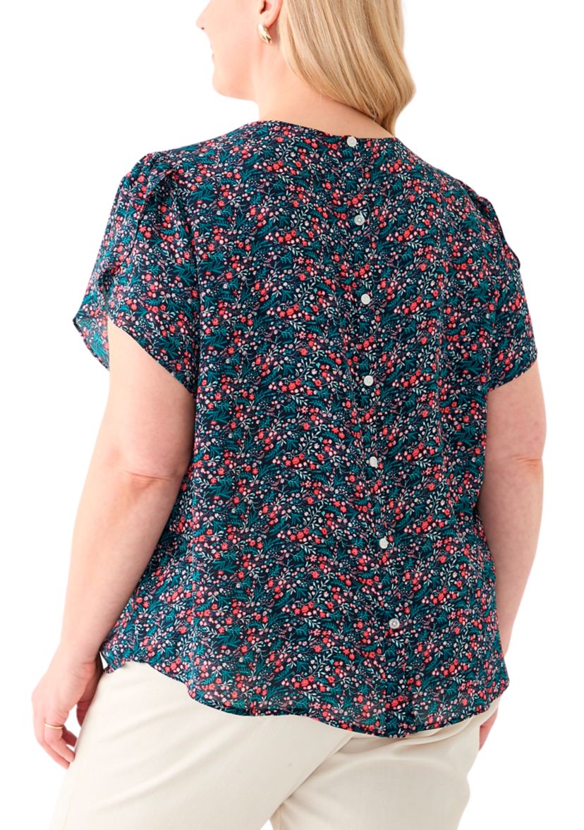 Plus Size Short Sleeve Button Back Woven Blouse 